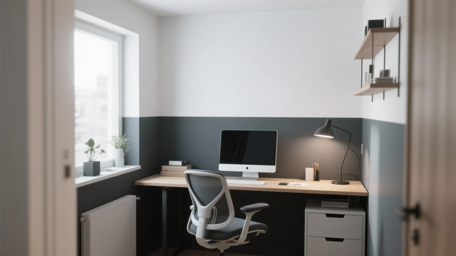 Small home office with white and grey two tone walls wooden desk computer and shelves