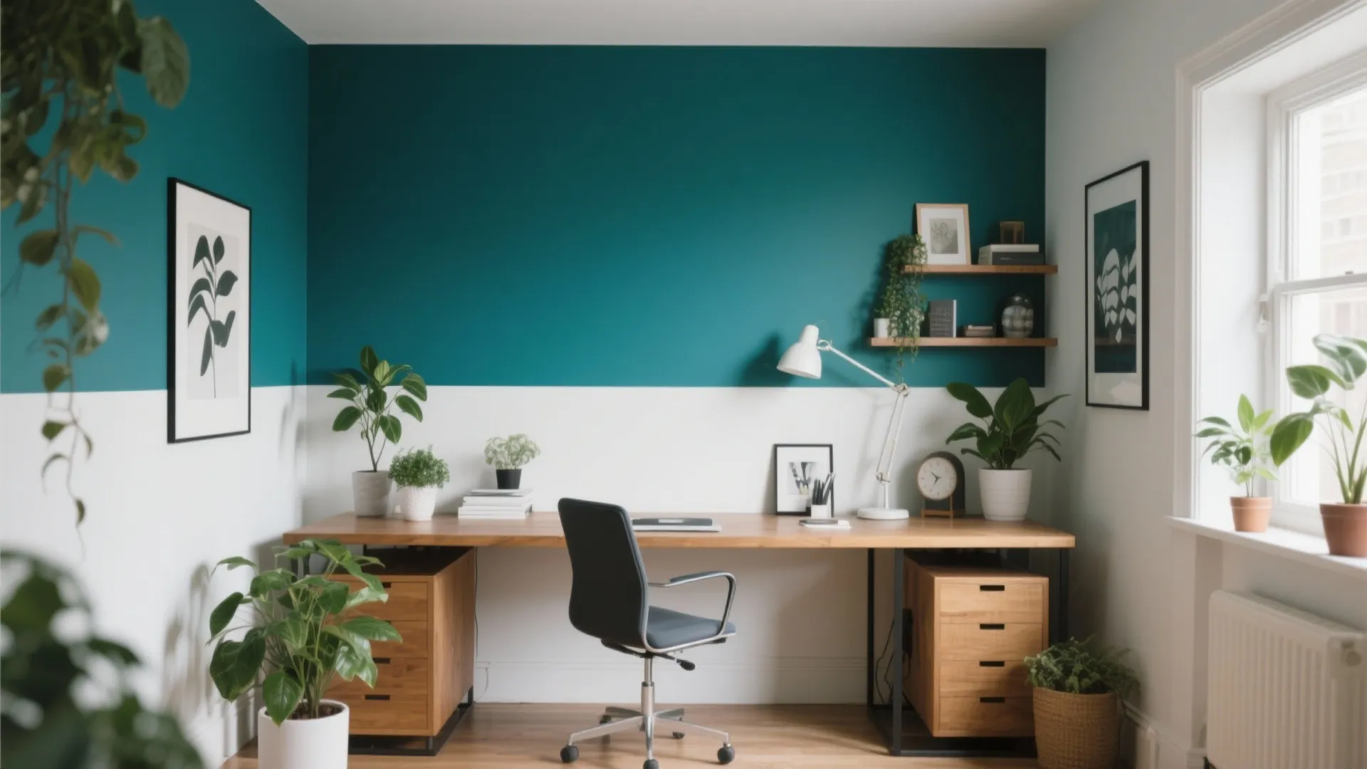 Modern home office featuring teal and white walls wooden desk black chair and green plants