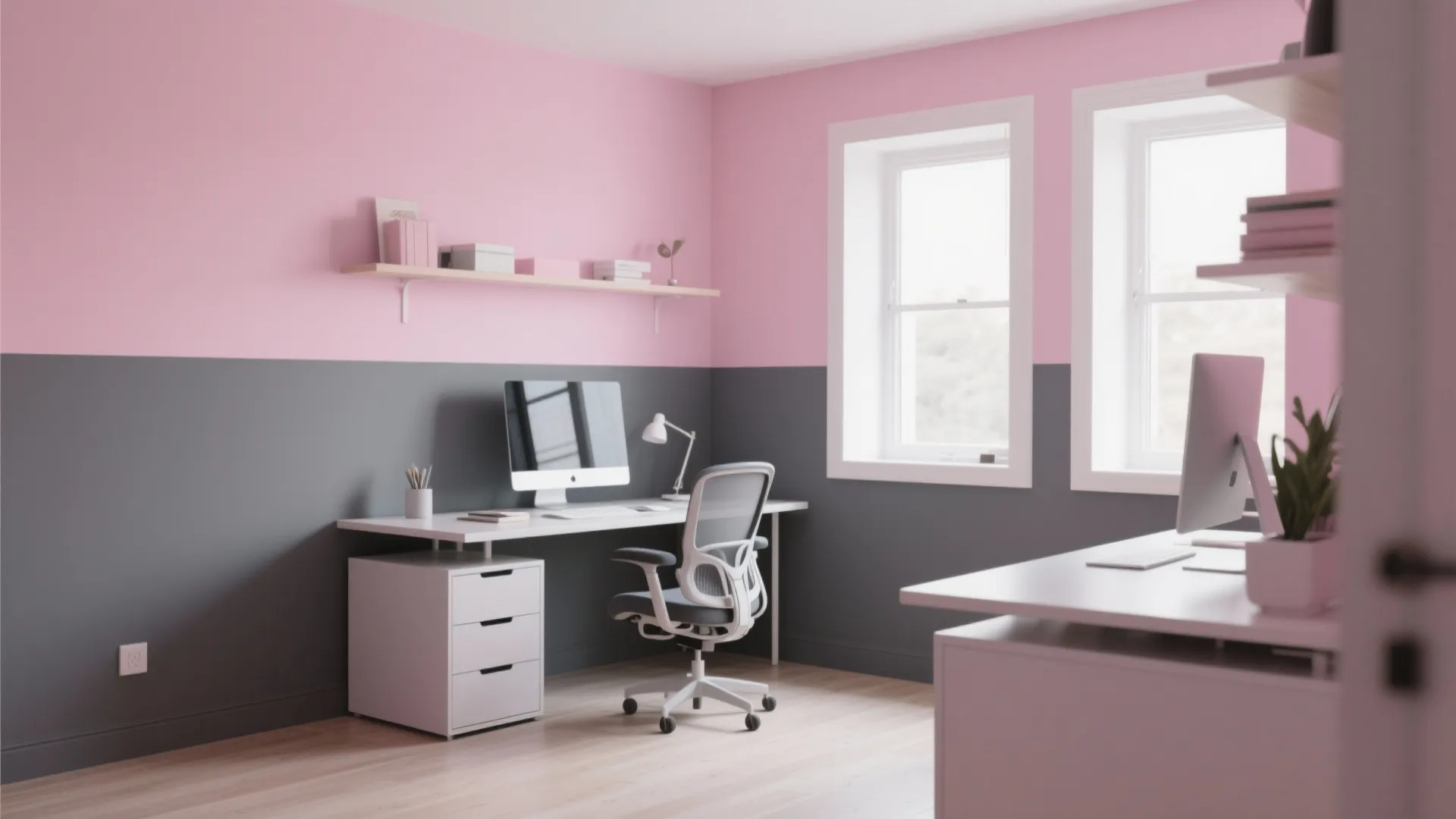 Home office with pink and grey walls white desk office chair windows and simple wall shelf
