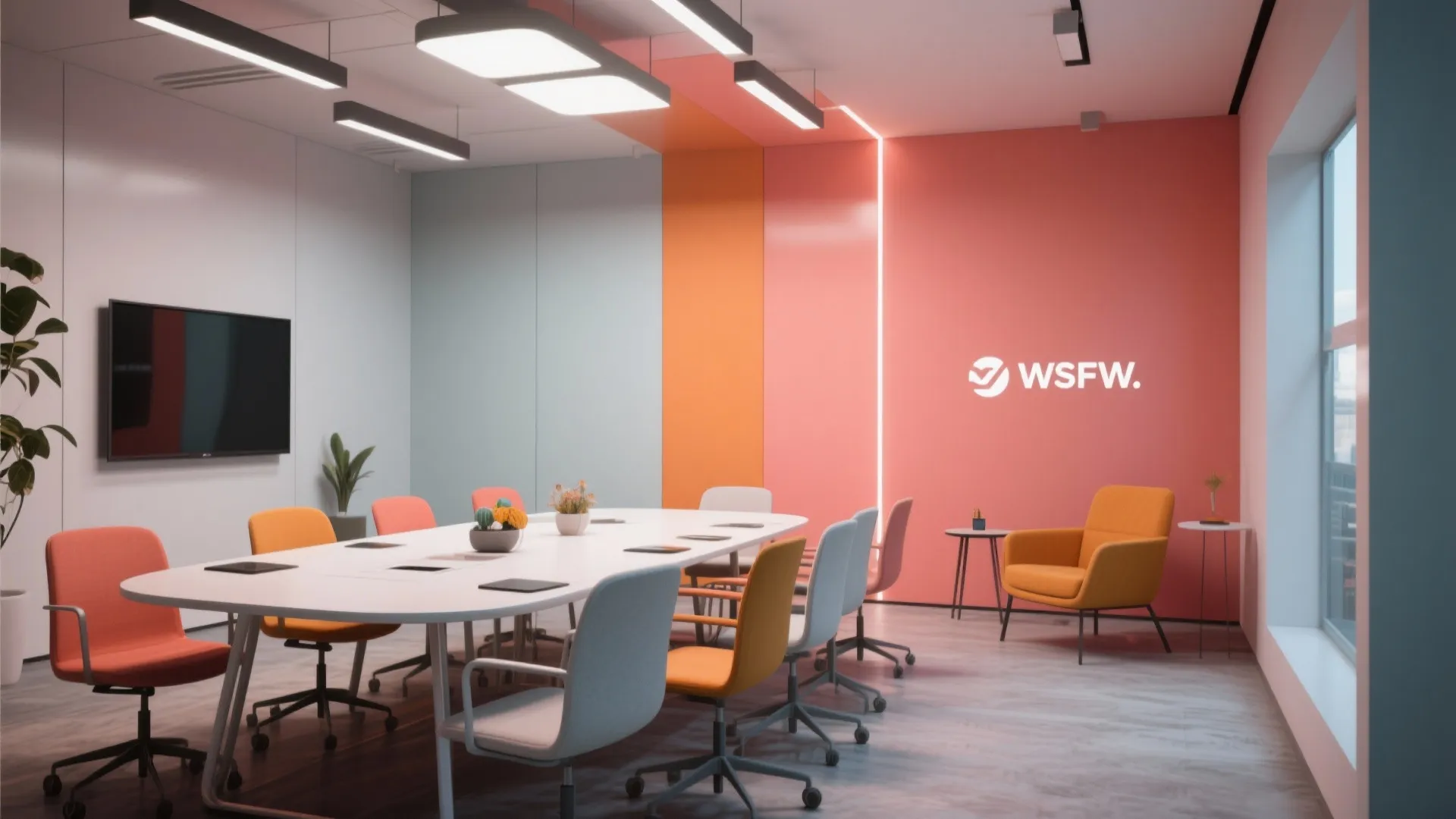 Modern meeting room with pink and blue walls white conference table orange chairs and ceiling light