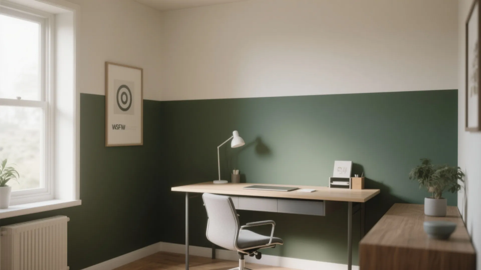 Home office with green and white two-tone wall featuring wooden desk gray chair and lamp