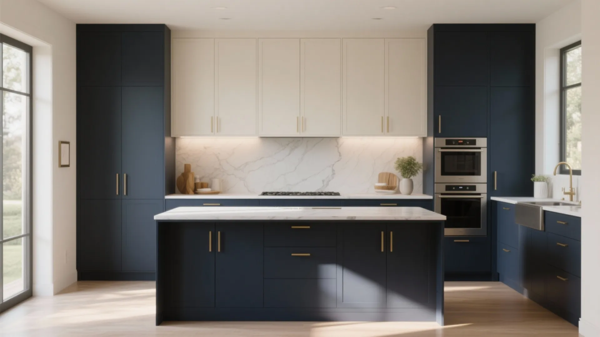 2. Two-tone cabinets: off-white upper, darker base