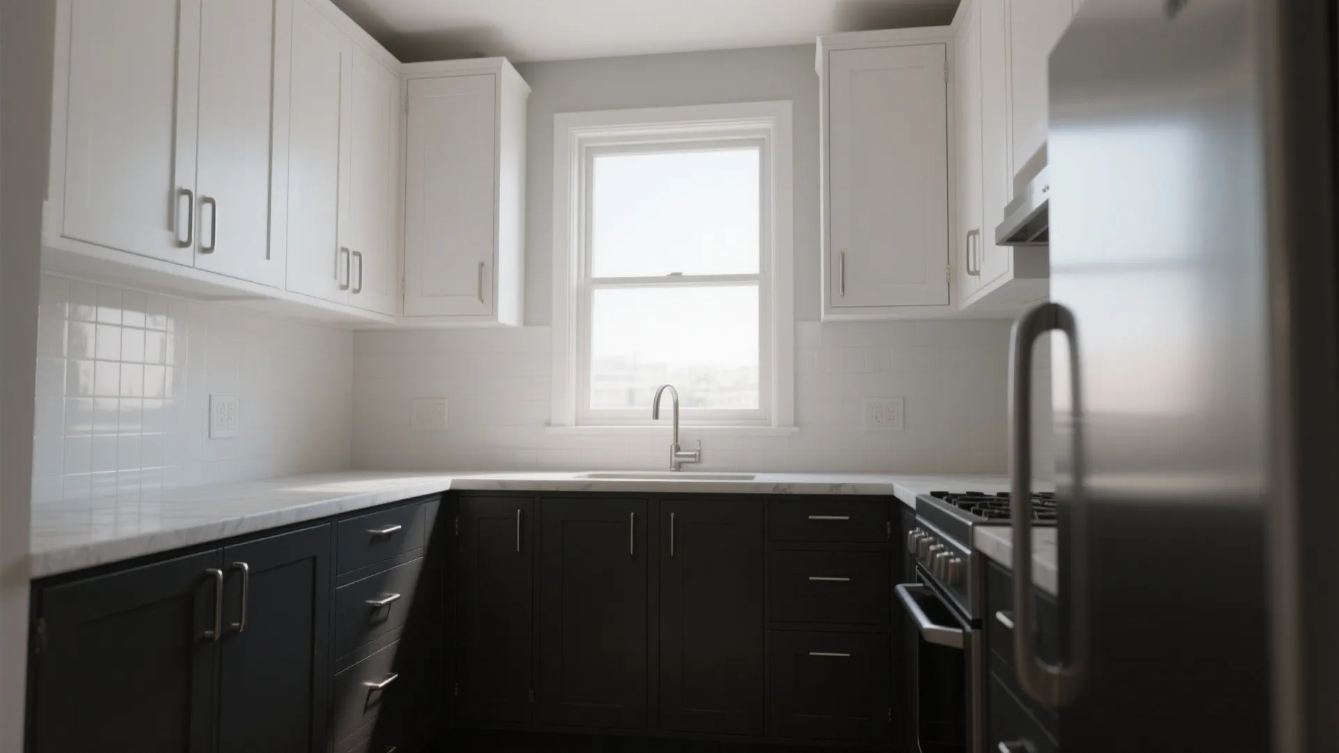 Modern kitchen with white upper cabinets dark lower cabinets marble countertop window and stainless steel
