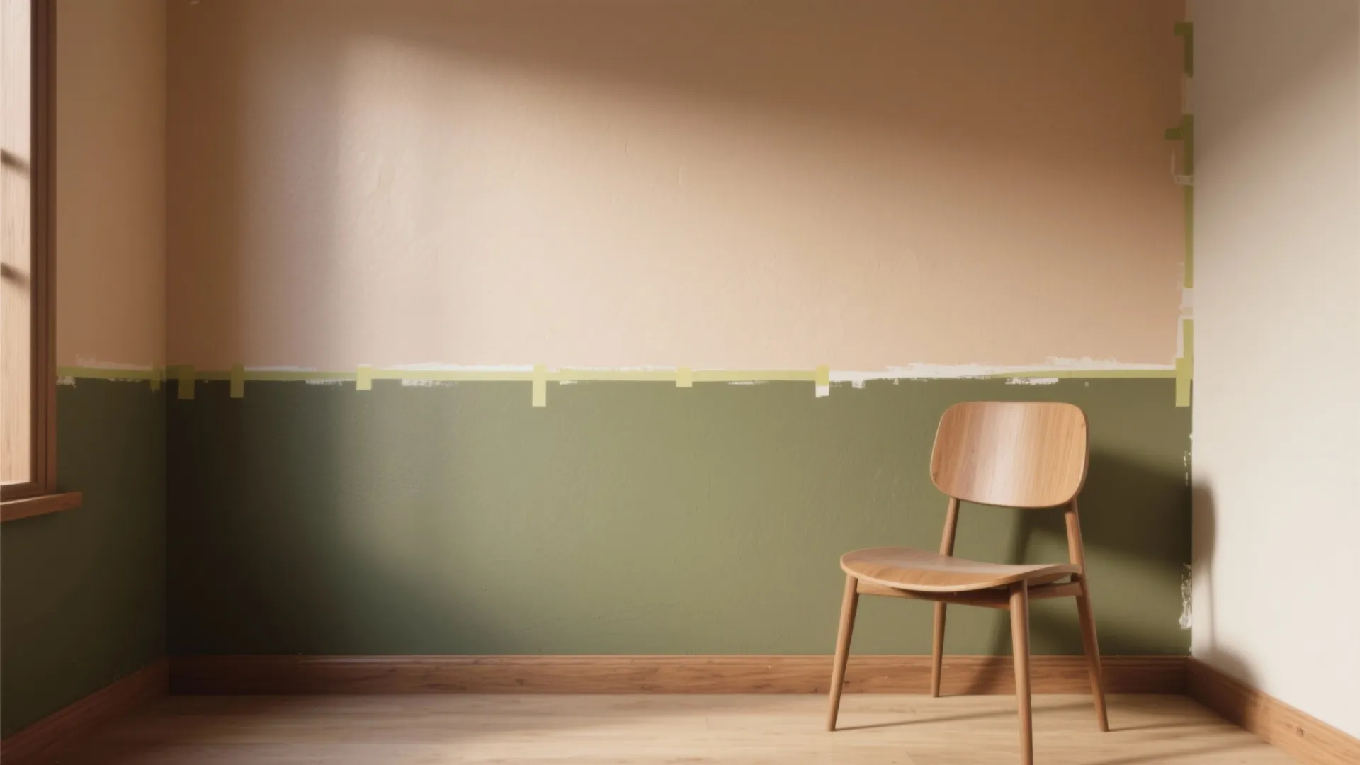 Empty room with two tone green and beige painted wall wood chair and wood flooring