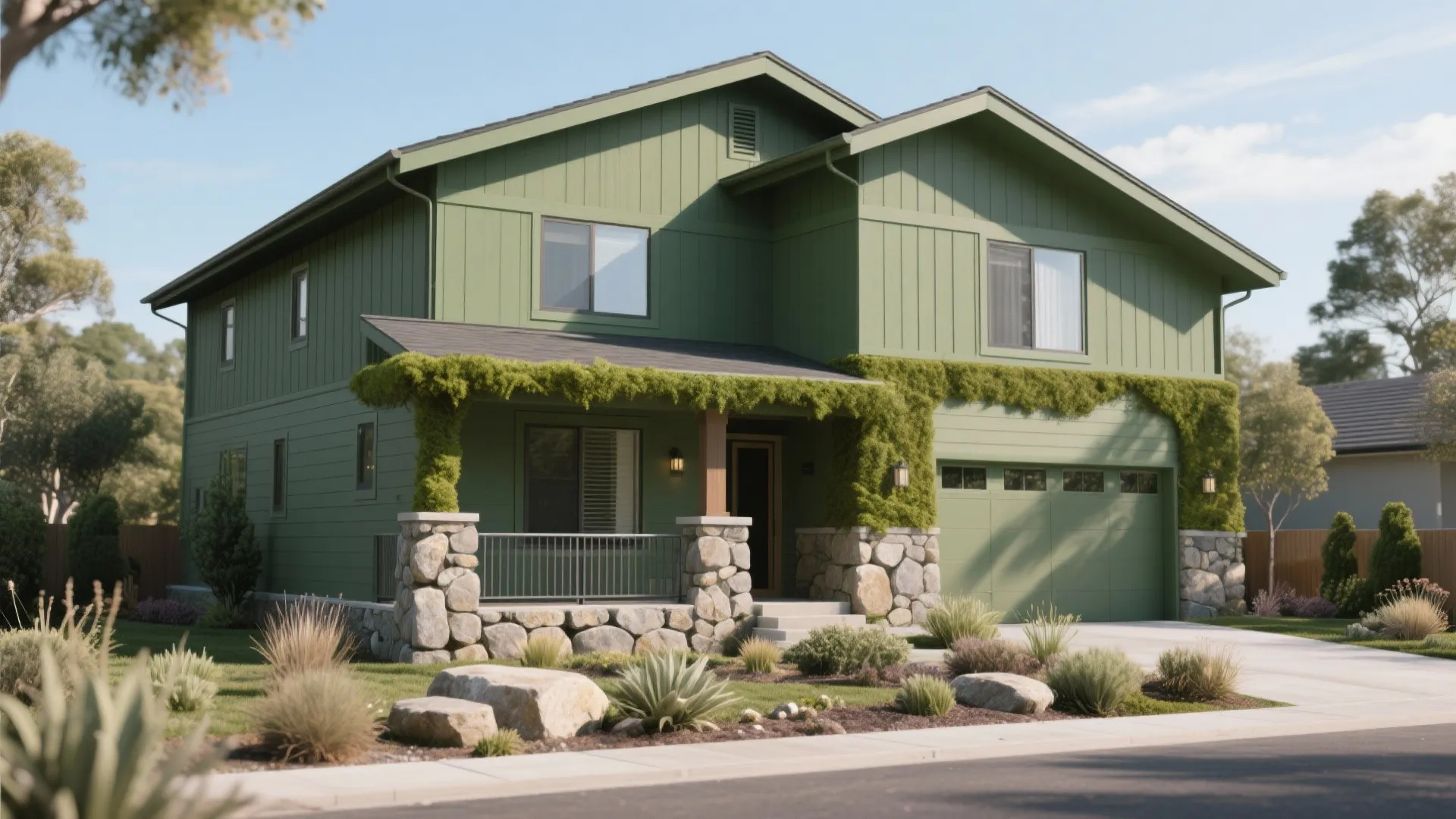 Two-story olive green house with stone pillars, front porch, garage, driveway, and professional garden landscaping