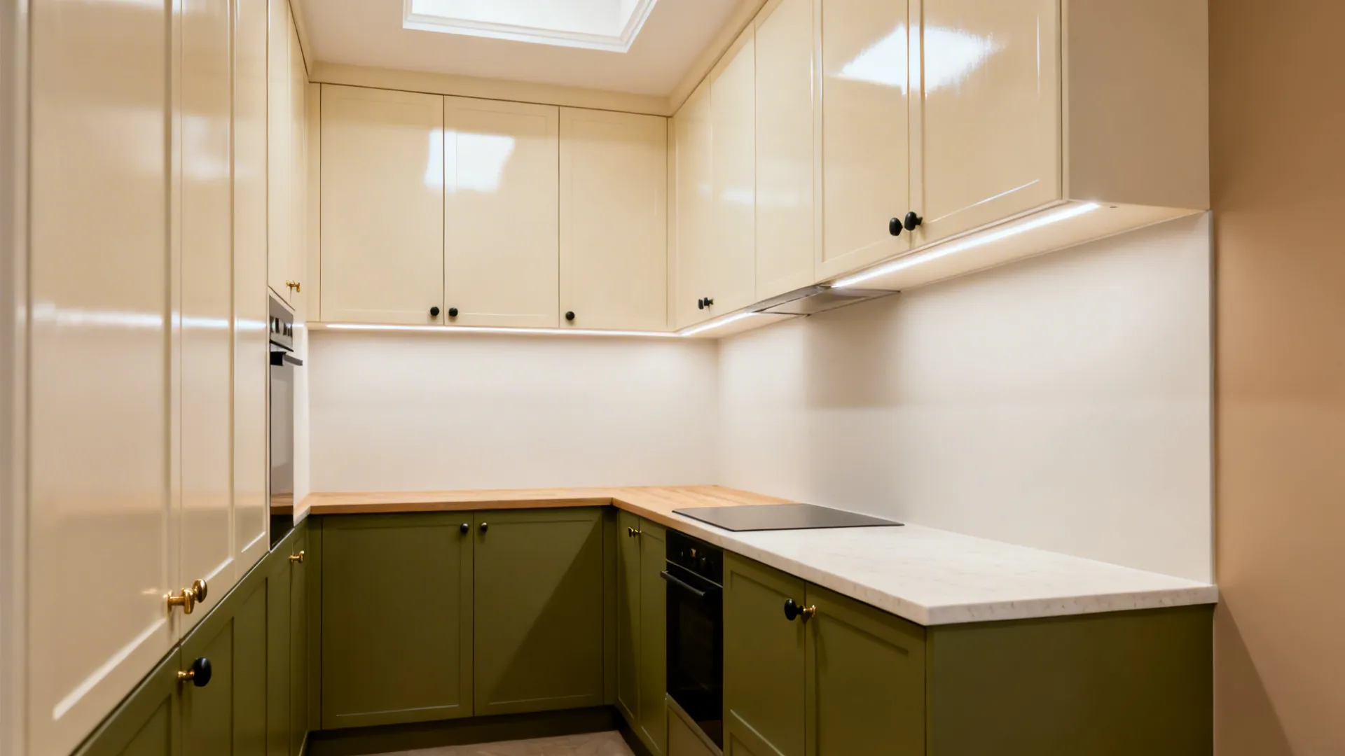 Two-tone olive lower cabinets with cream uppers in a bright compact kitchen.