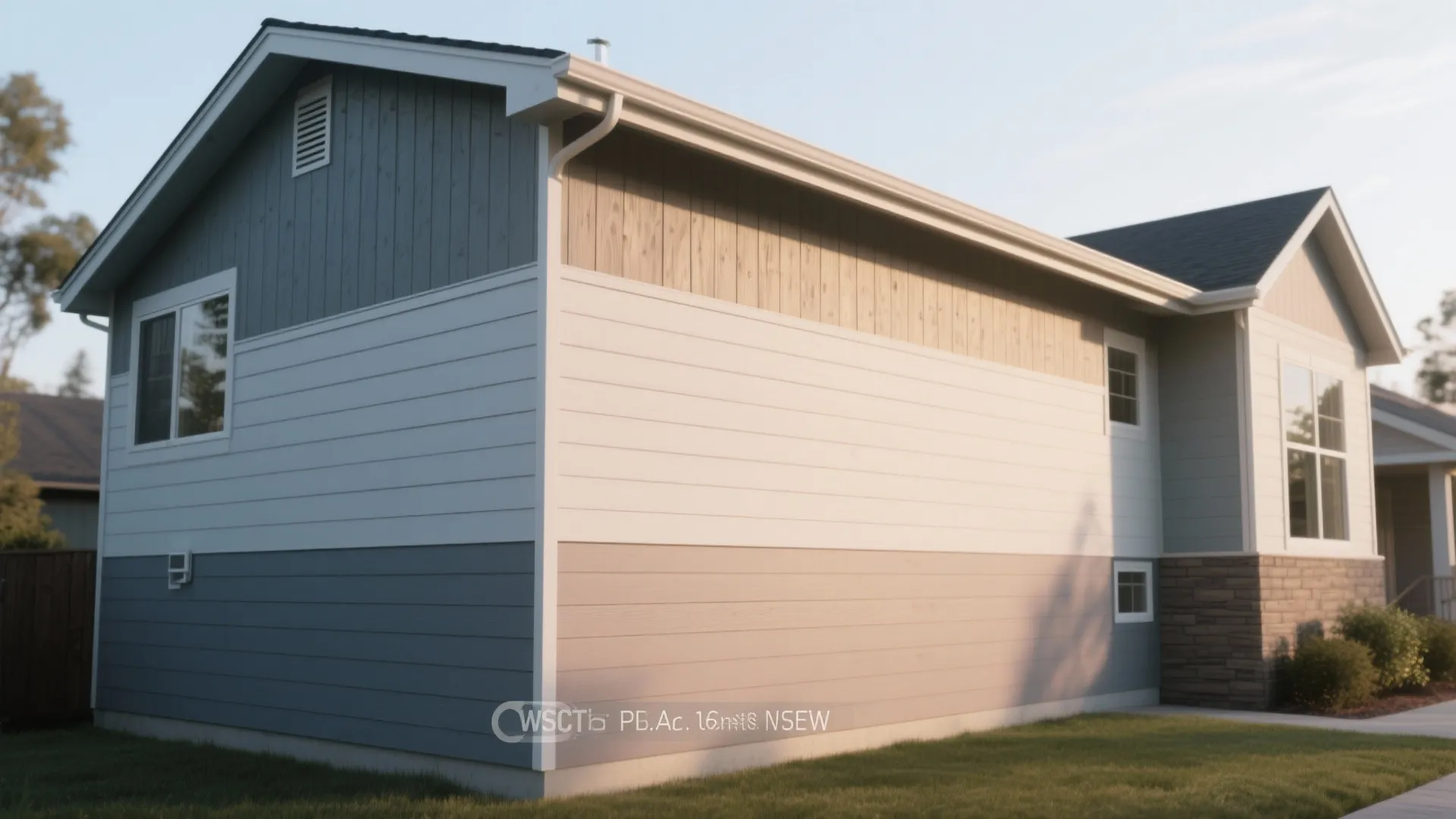 Modern house exterior wall showing grey and white horizontal panels with wood texture on top