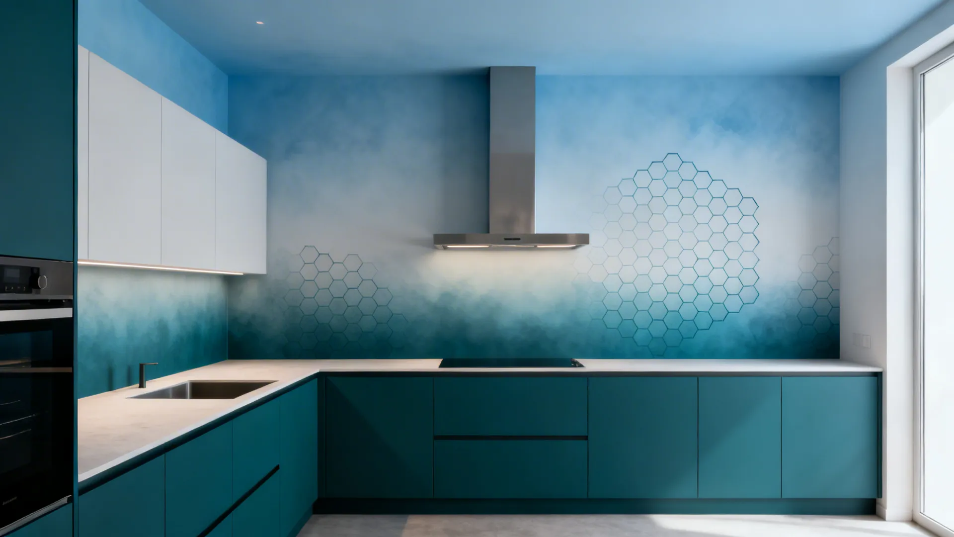 Small kitchen wall with teal-to-misty-blue ombre softened by a hex stencil transition.