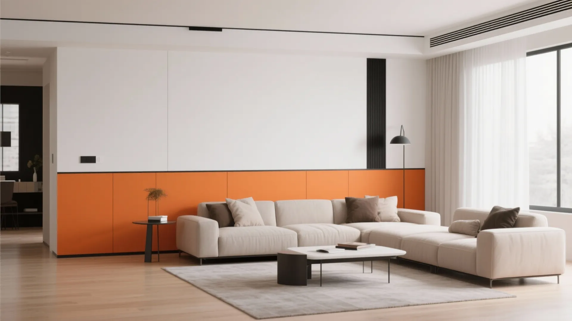 Minimalist living room with white and orange wall panel light sofa coffee table and rug