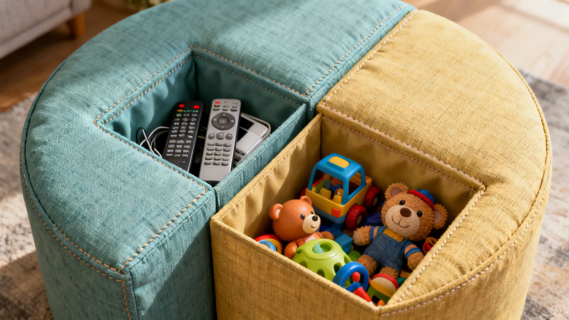 Two-tone round ottoman with divided interior compartments for remotes and toys.