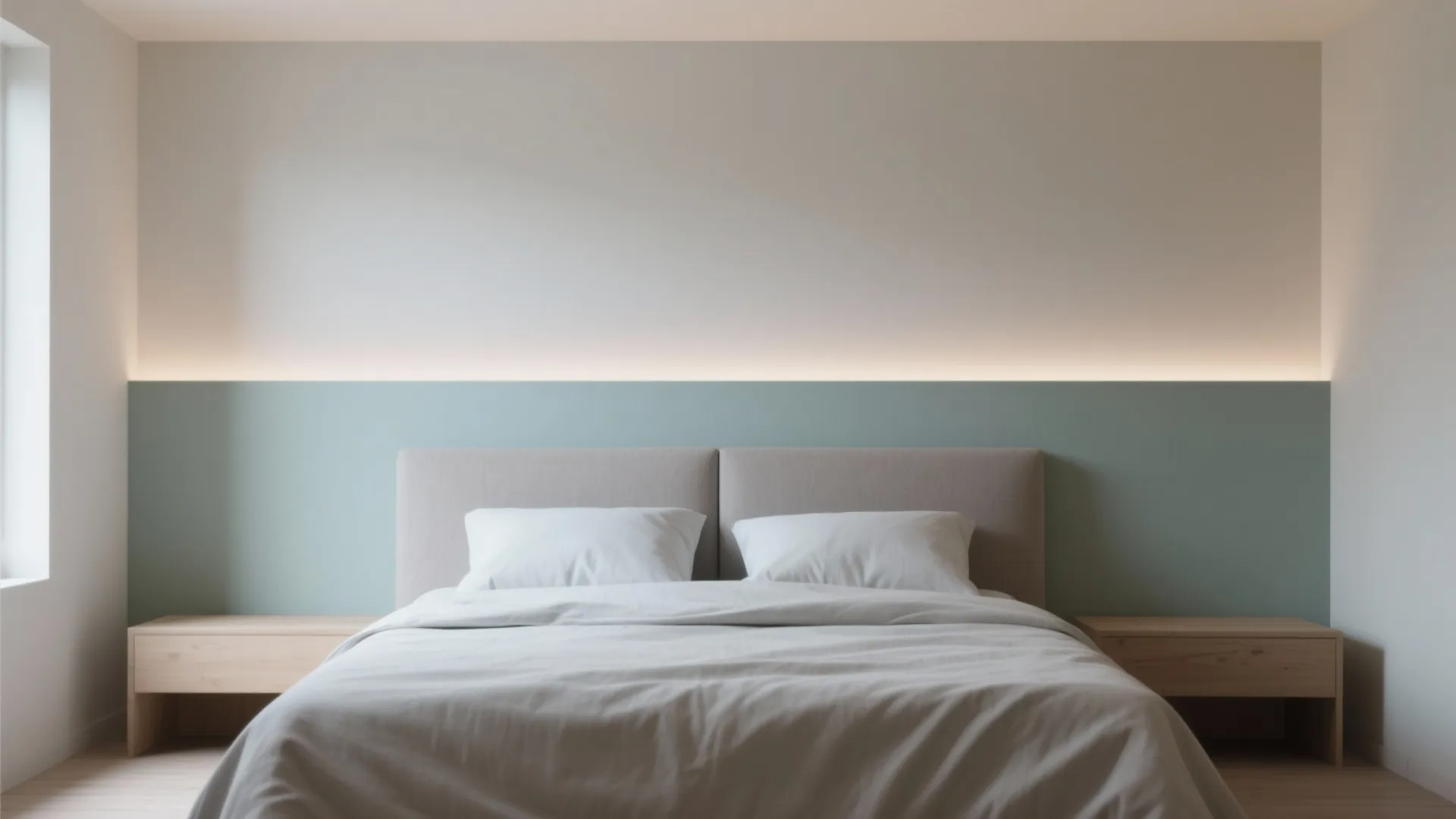 Modern bedroom featuring a two tone white and blue wall with hidden warm light fixture