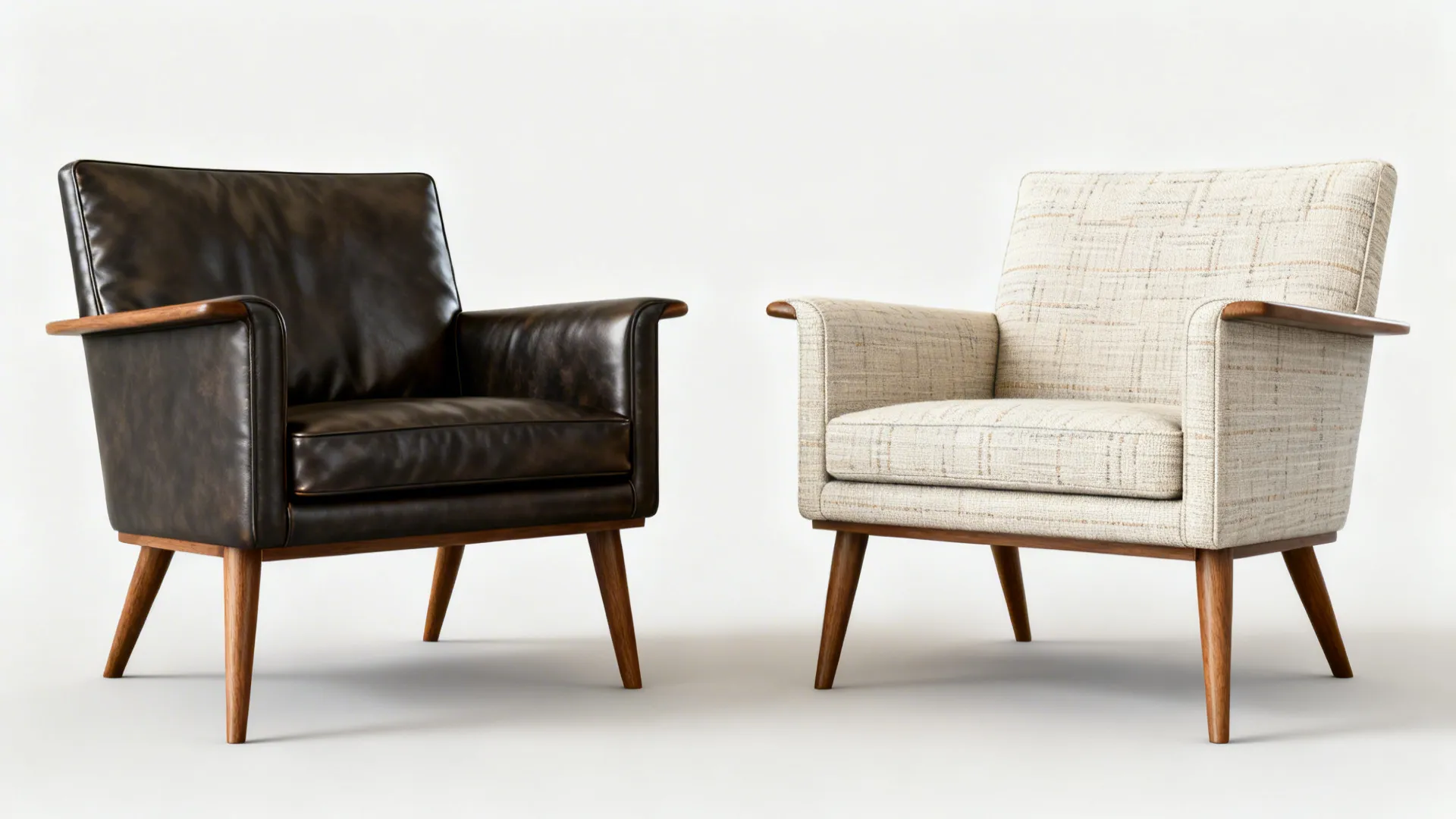 Two identical sofa silhouettes, one leather and one fabric, creating cohesive contrast