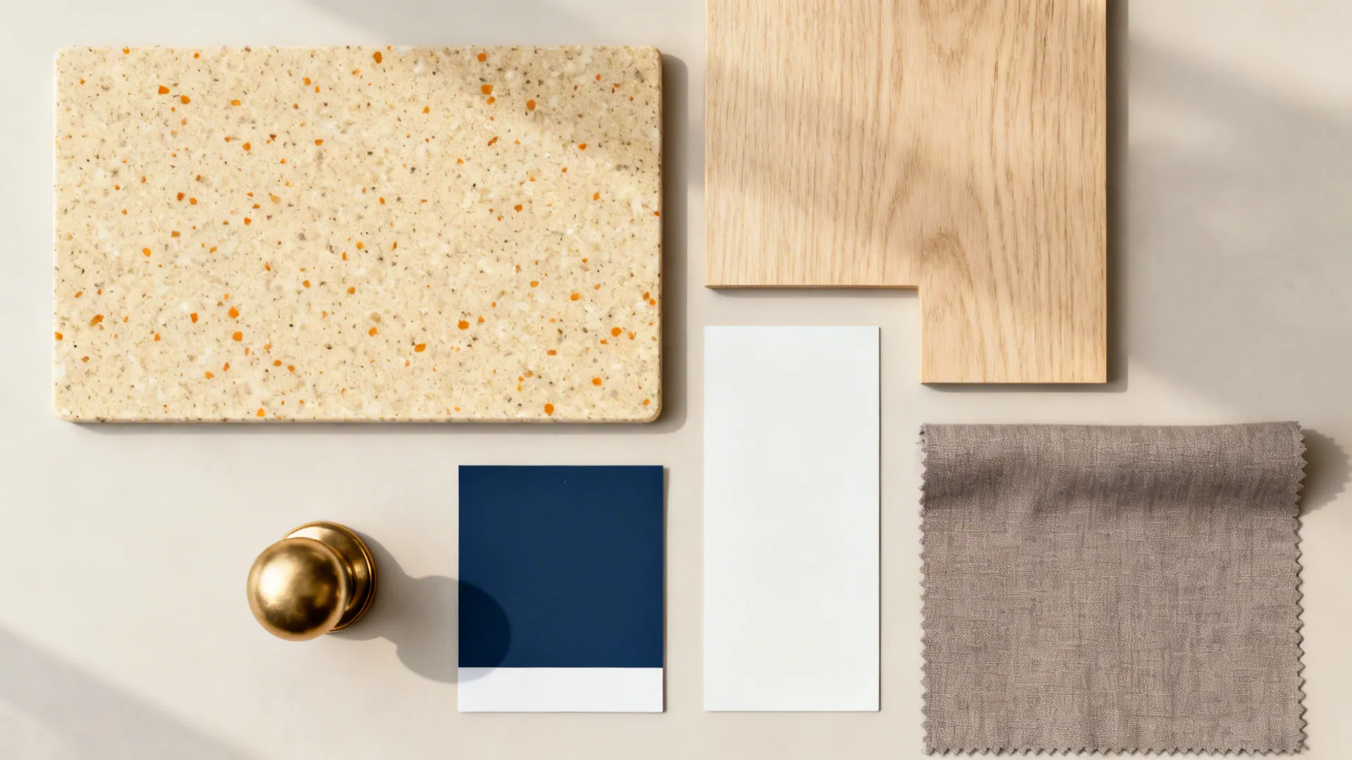 Top-down palette with warm beige quartz, navy, white, oak, and brass accents.