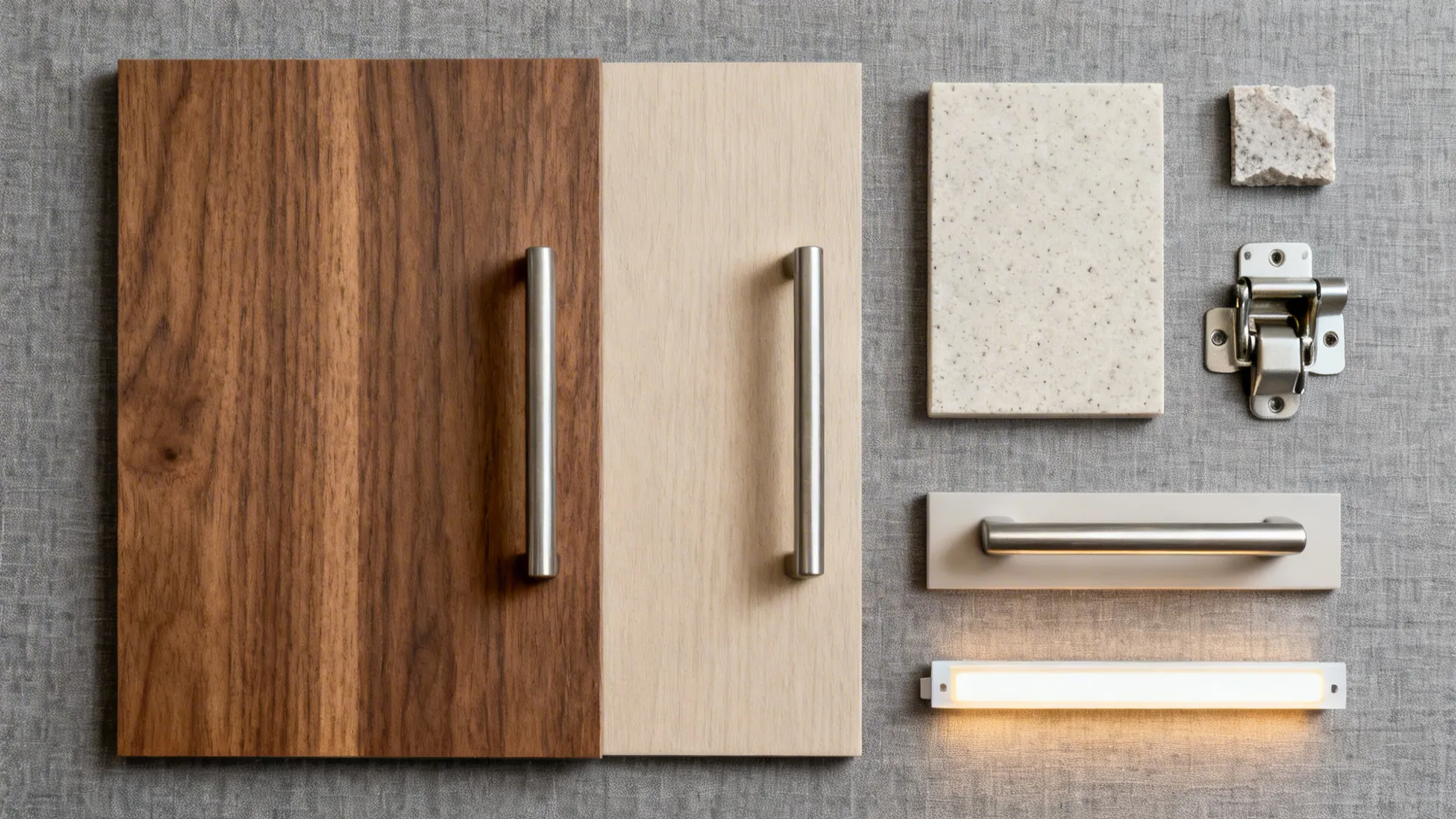 Flat lay of two-tone kitchen materials: medium walnut, light sand laminate, quartz, and stainless hardware.