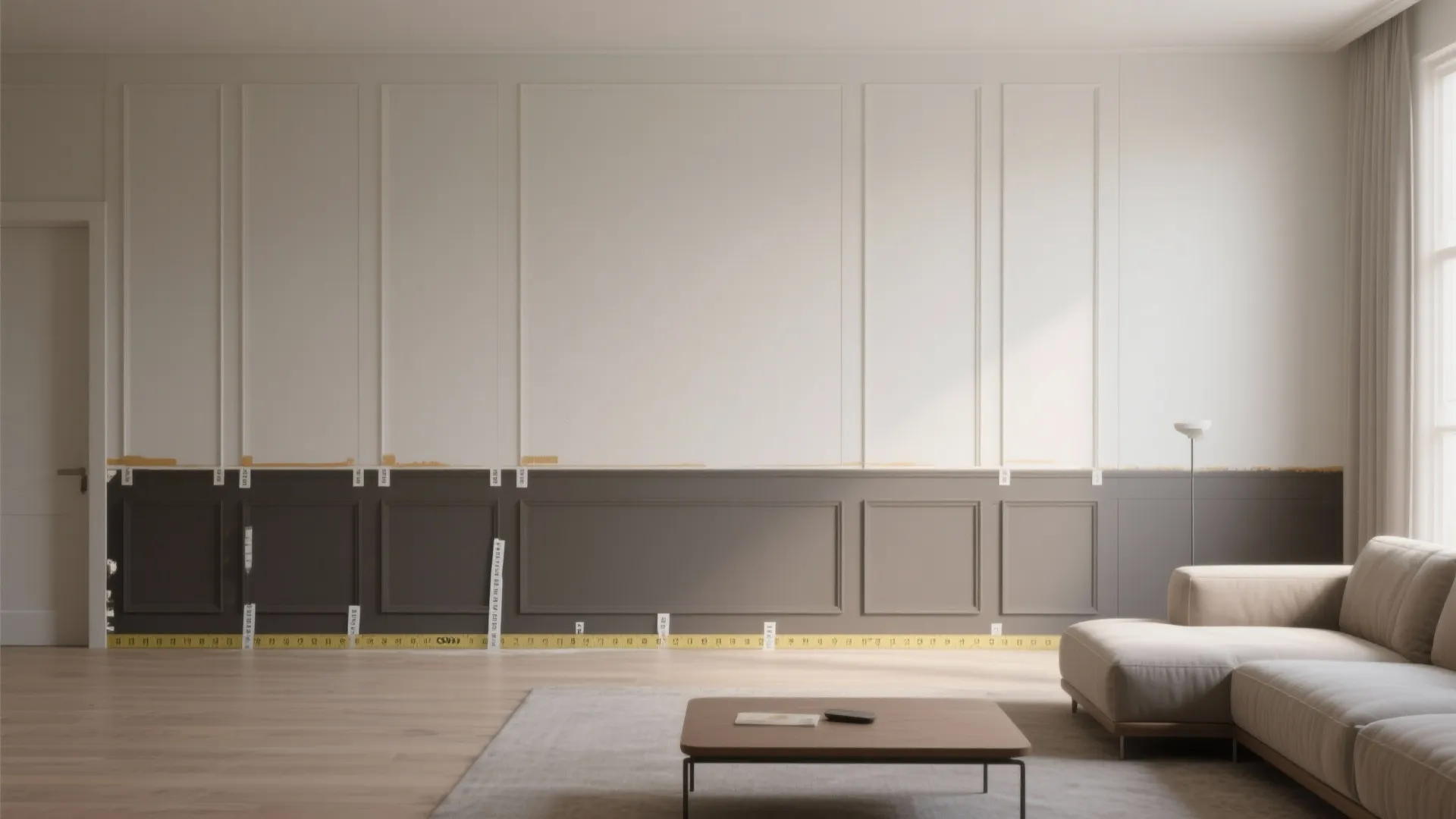 Modern living room showing a two-tone wall panel design with grey bottom and white top
