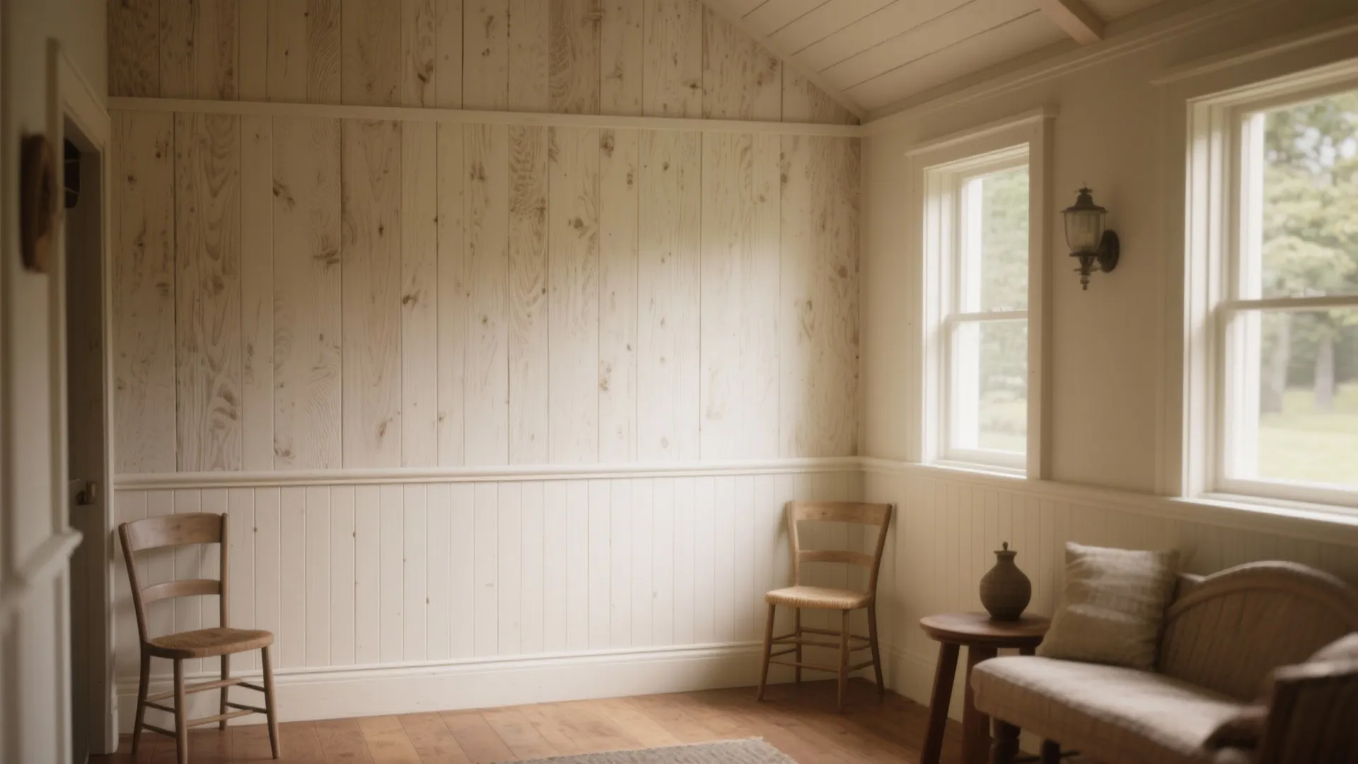 Interior showing lower panels painted white and upper panels natural or whitewashed with a crisp thin trim separating zones.
