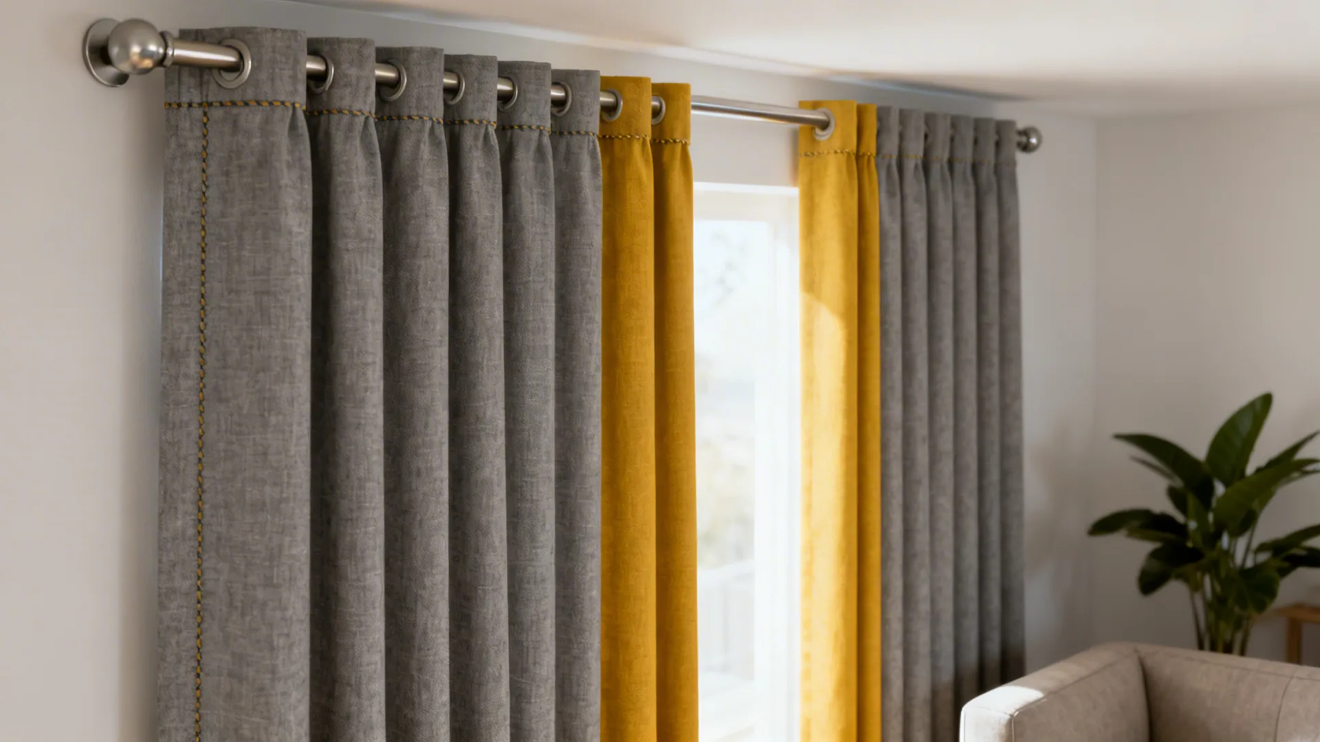 Window showing two-tone curtains with gray outer panels and narrow mustard yellow inner panels