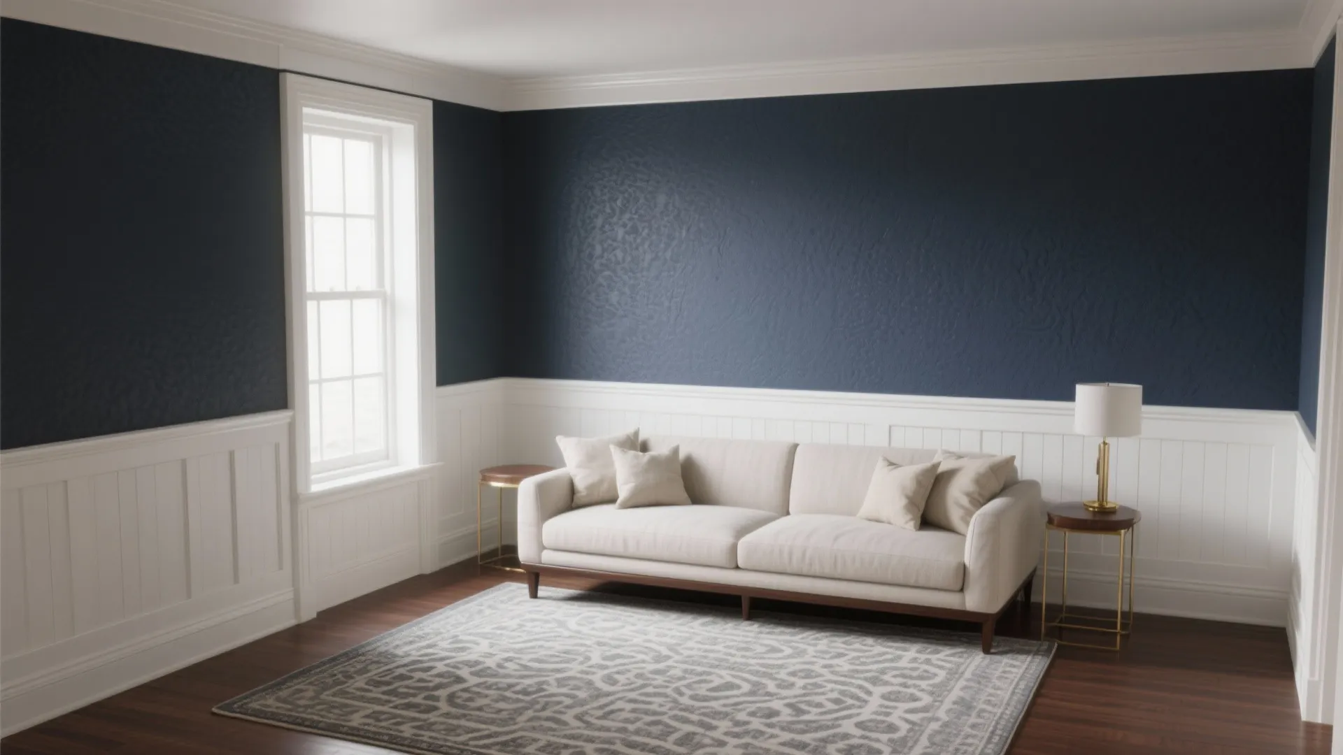 Living room with dark blue upper wall white wall panel cream sofa and patterned floor rug