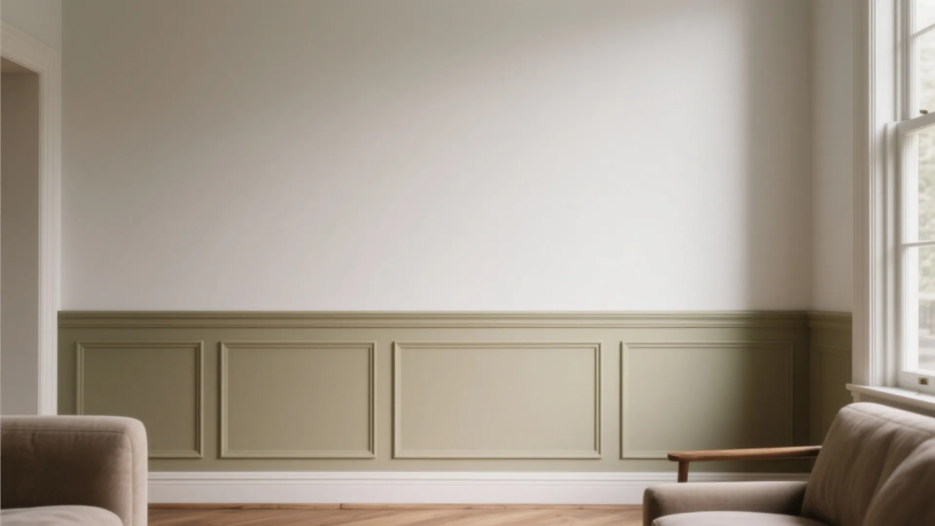 Living room wall showing sage green wall panel below white surface near window and grey sofa