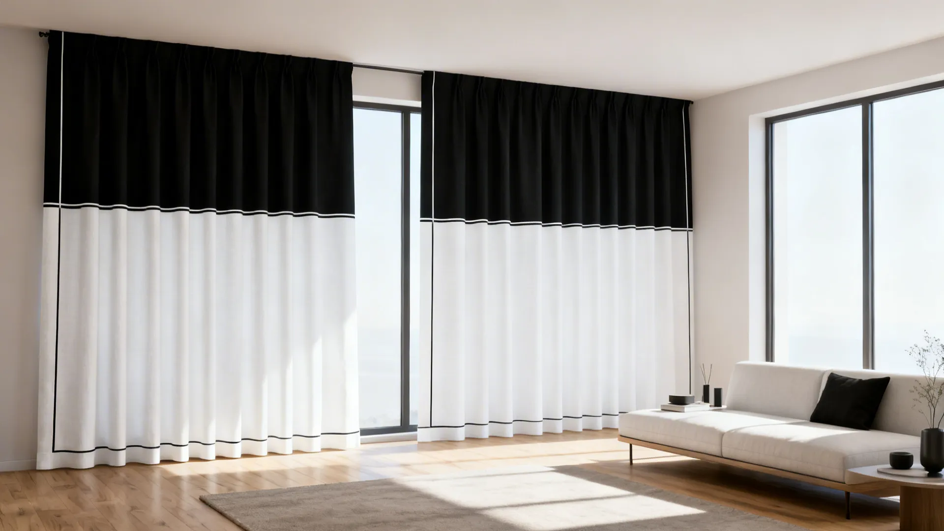 Modern living room with two-tone black-and-white block curtains mounted high to raise the ceiling.