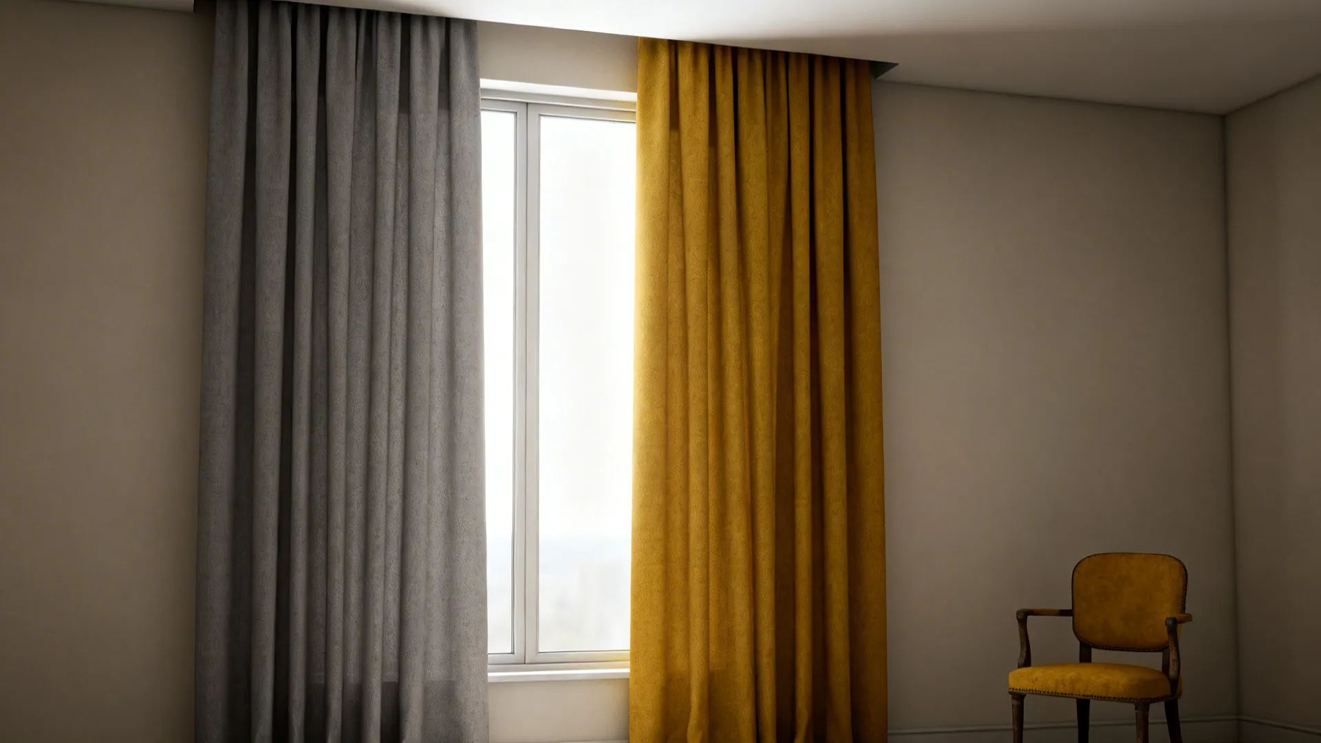 Tall window with vertically split grey and mustard curtains elongating a living room with a matching vintage chair.