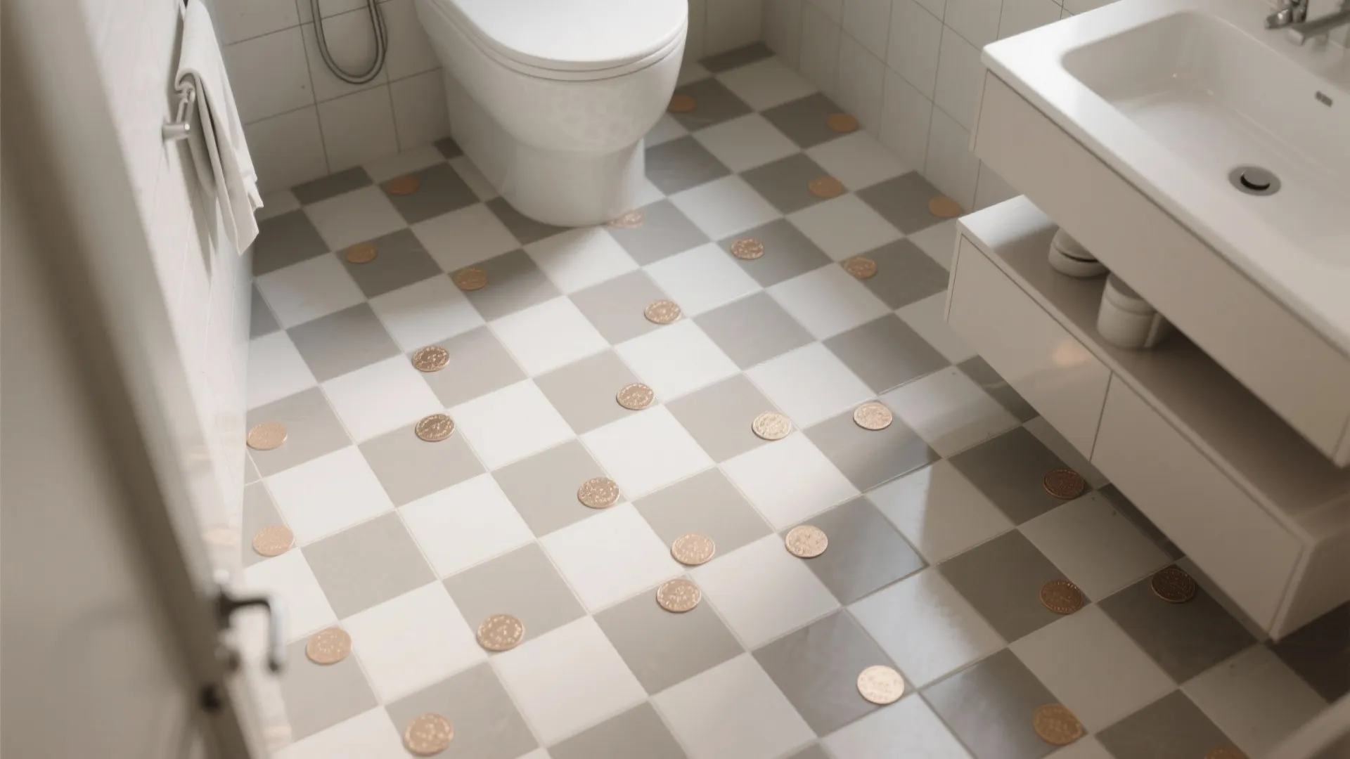 Checkerboard bathroom floor with white and grey tiles featuring gold circle patterns and white sink