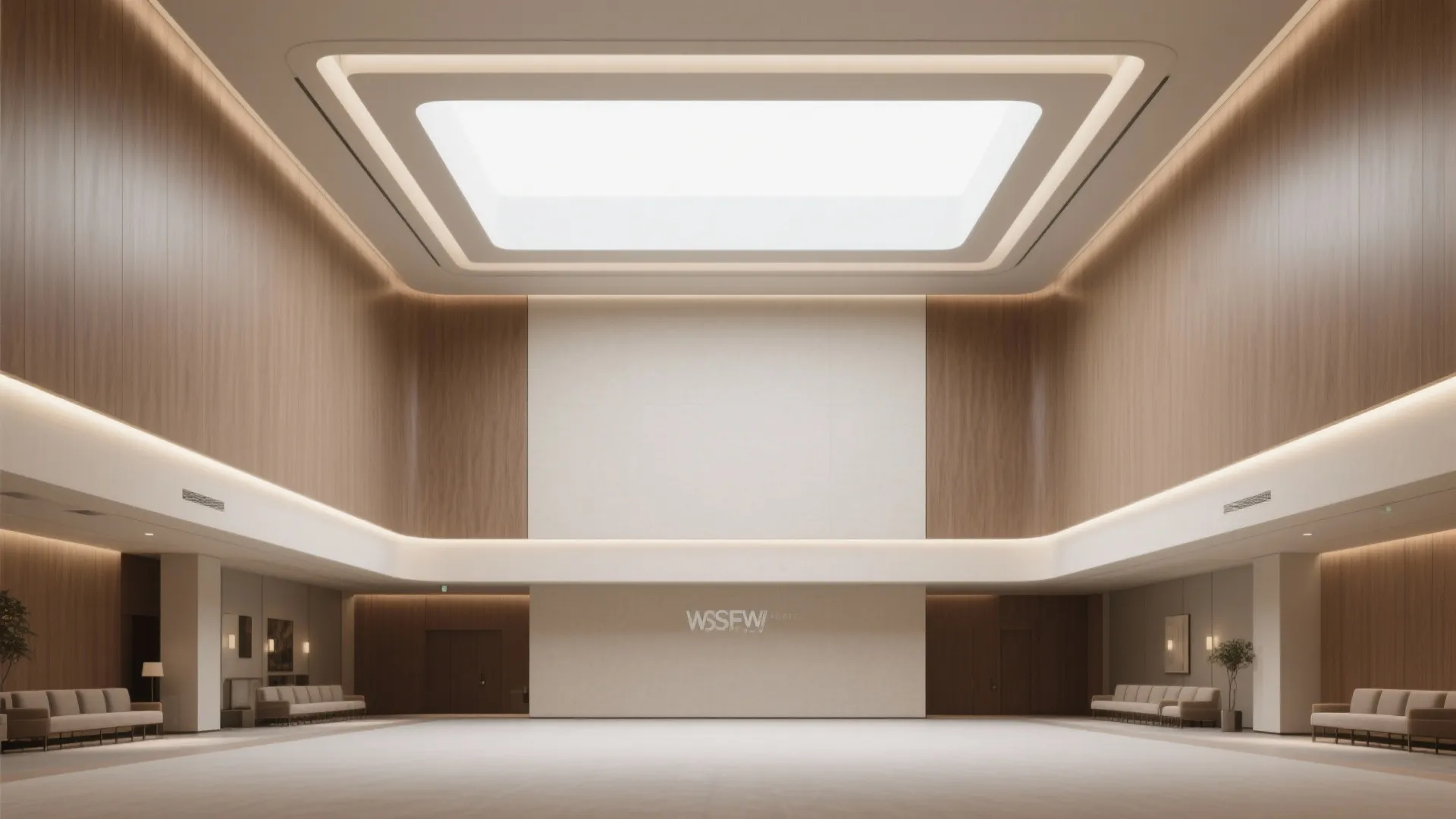 Large open room layout with wooden wall panels, white ceiling lights, and several beige sofas