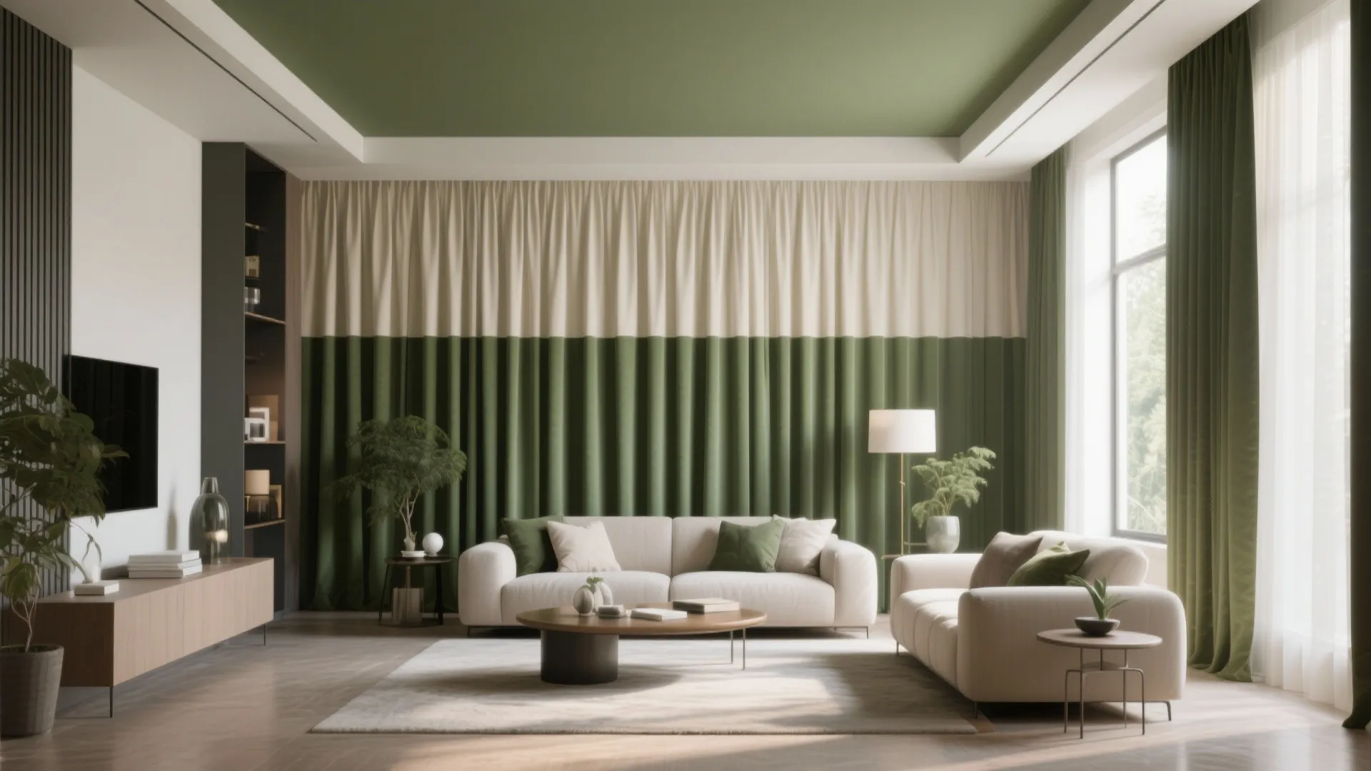 Modern living room featuring green and white two-tone curtains with matching green ceiling and sofas