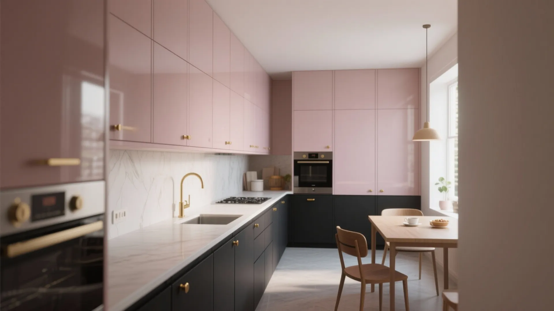 Minimalist pink and black kitchen cabinets with gold handles and a wooden dining table set