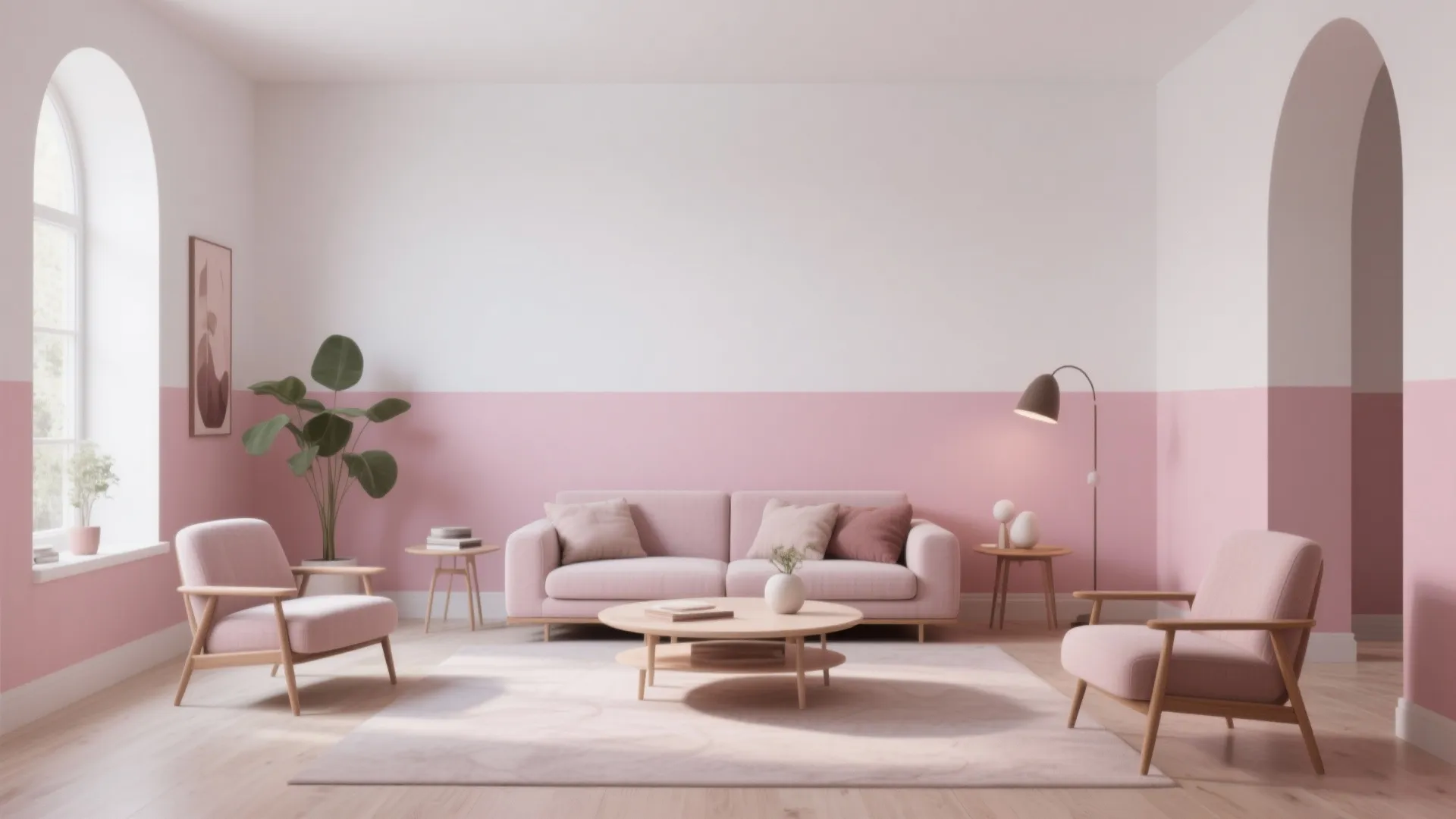 Modern living room with pink and white walls pink sofa two armchairs and wood coffee table