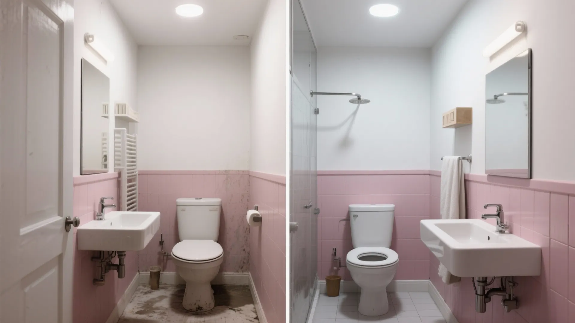 Before and after of a small bathroom with two-tone pink lower wall and white upper wall creating visual height
