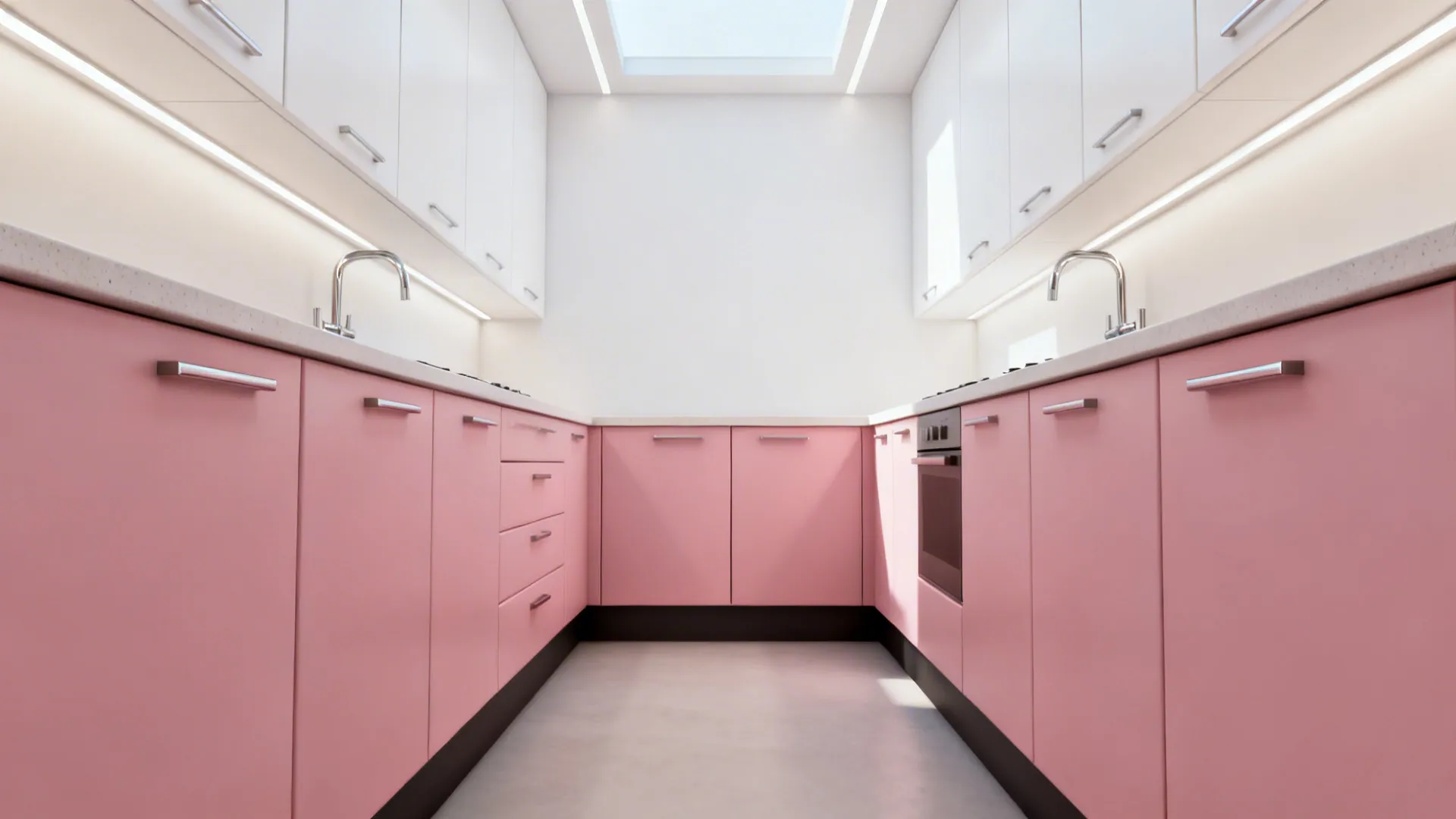 Two-tone kitchen with pink base cabinets and white uppers in a compact galley.