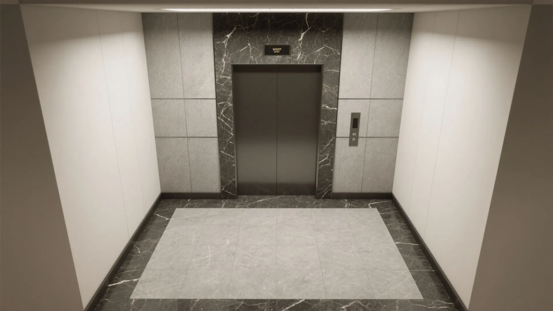 Modern elevator entrance with black marble frame, grey floor tiles, and simple white wall panels