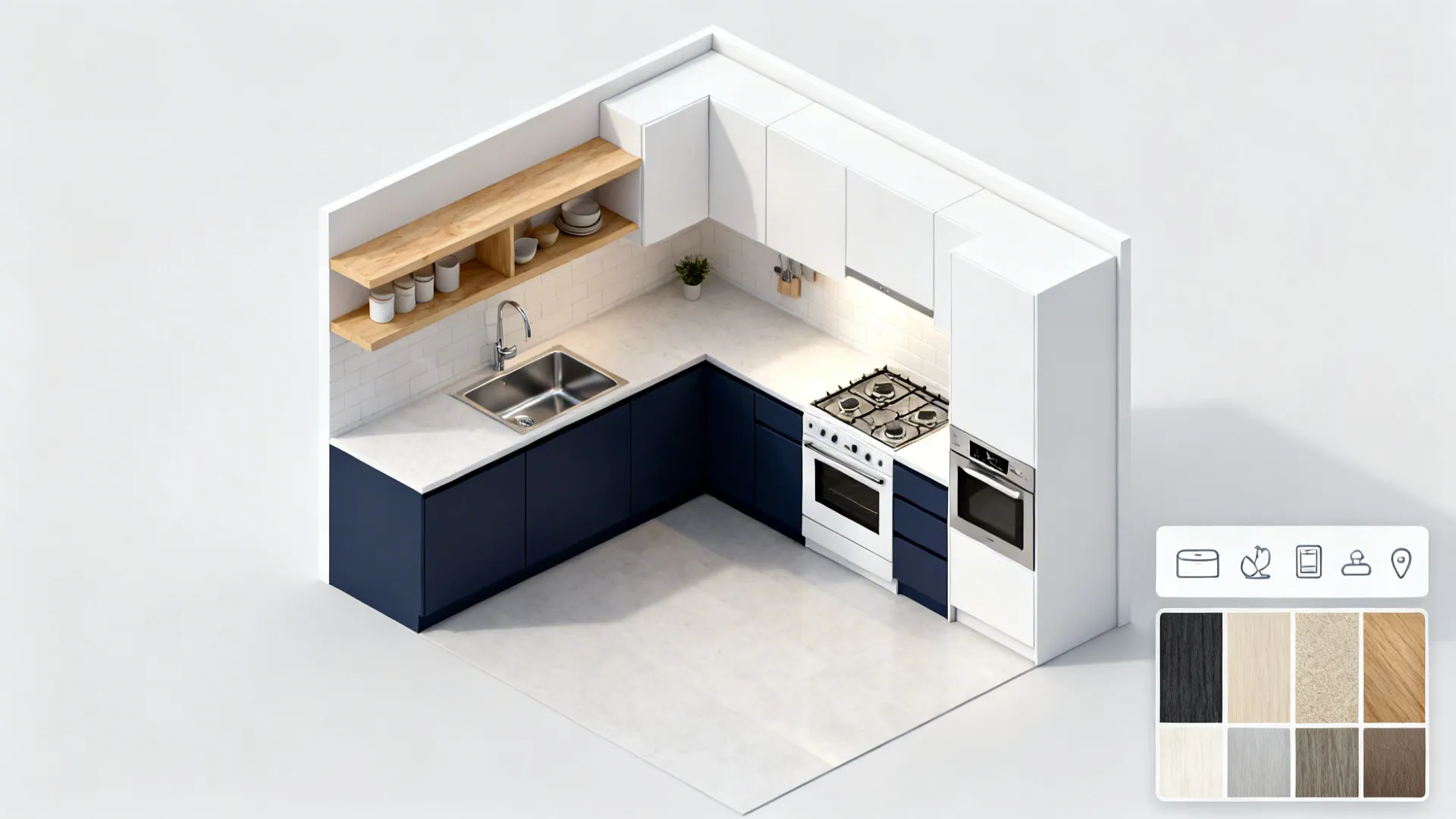 Top-down L-shaped kitchen plan showing navy bases, white uppers, and a wood-look open shelf.