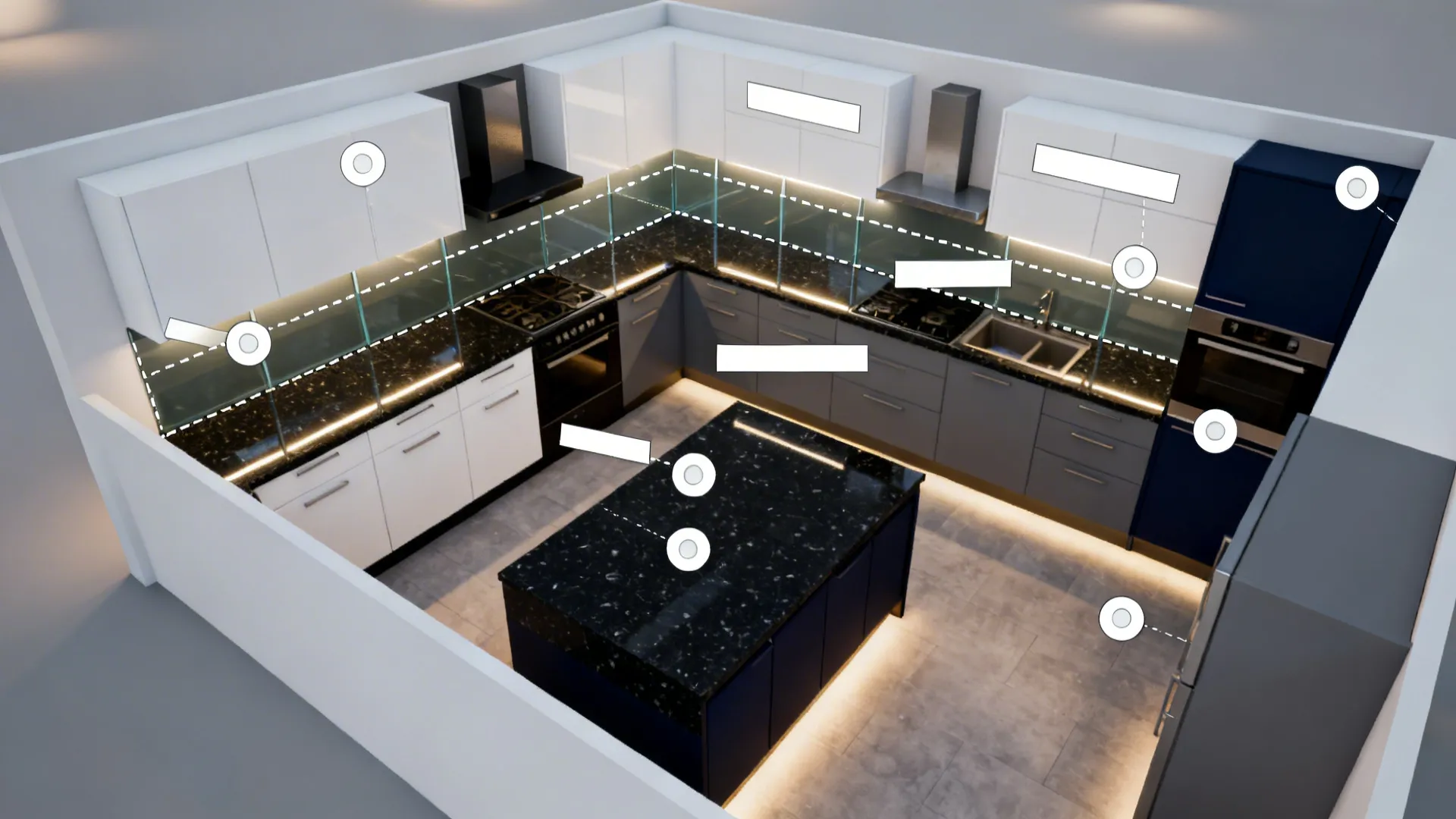 Top-down compact kitchen plan showing two-tone zones and black granite surfaces.