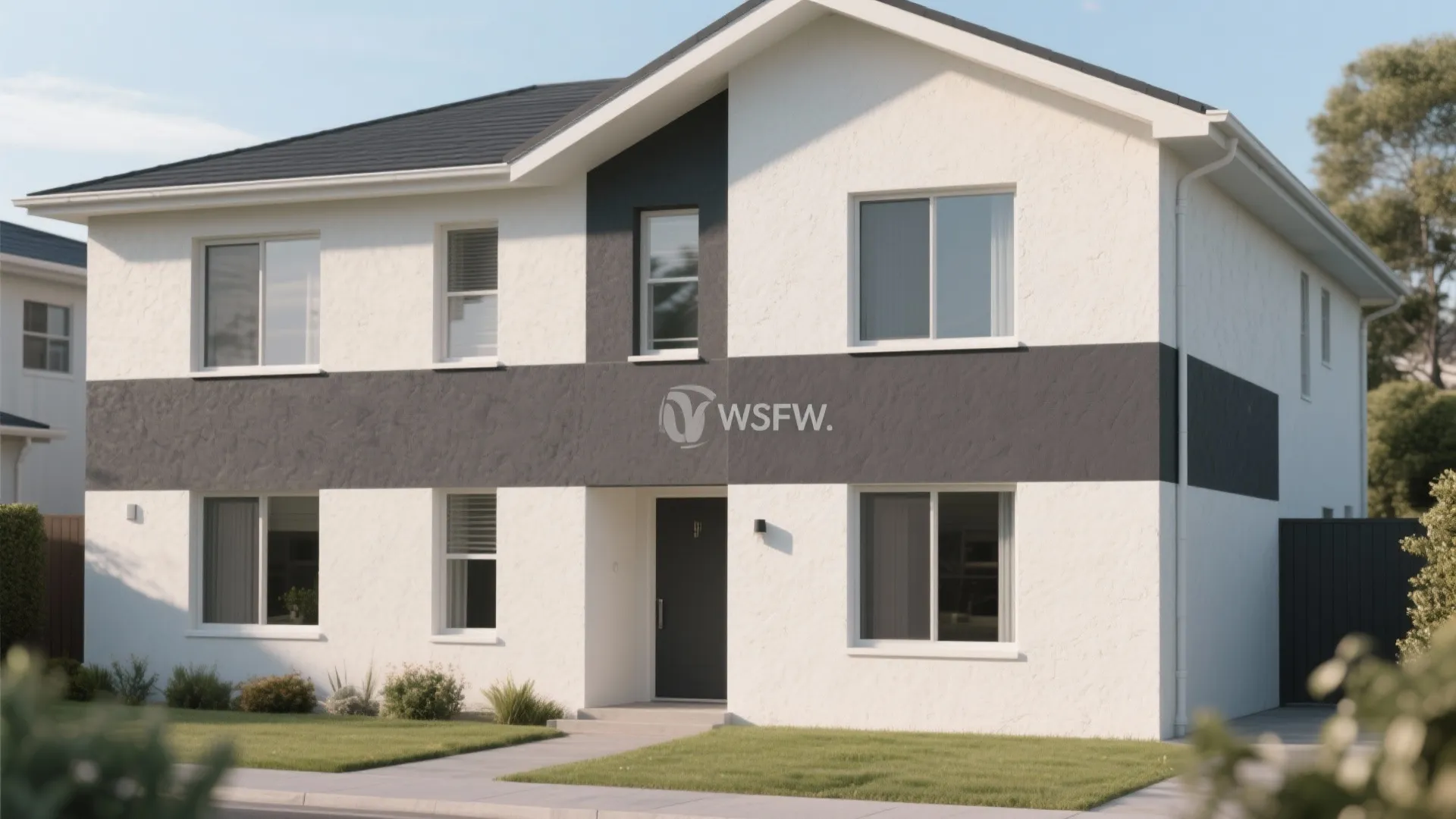 Two story white house with dark grey horizontal wall panel band and green grass lawn