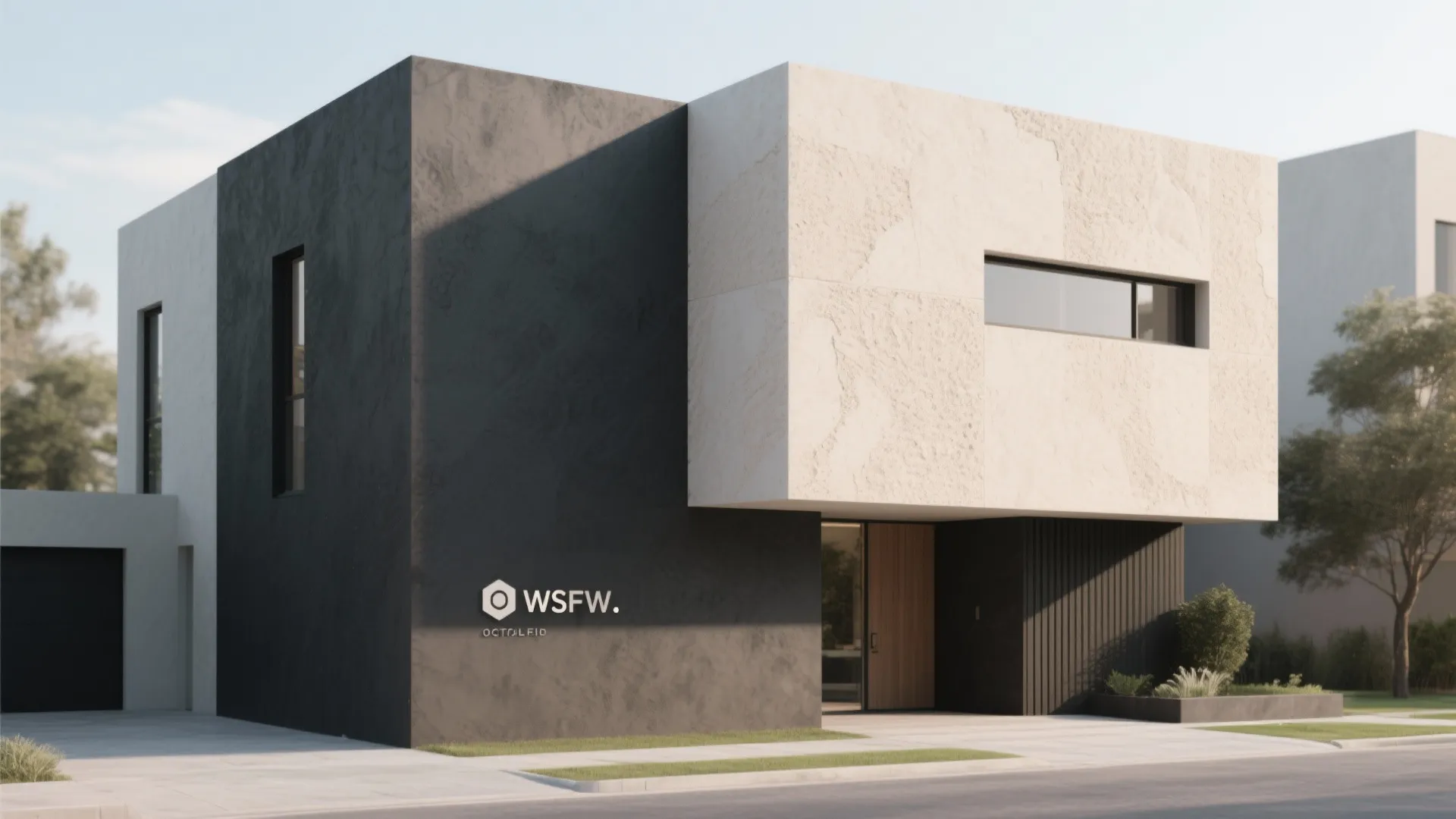 Building facade with charcoal and sand plaster finishes in geometric balance