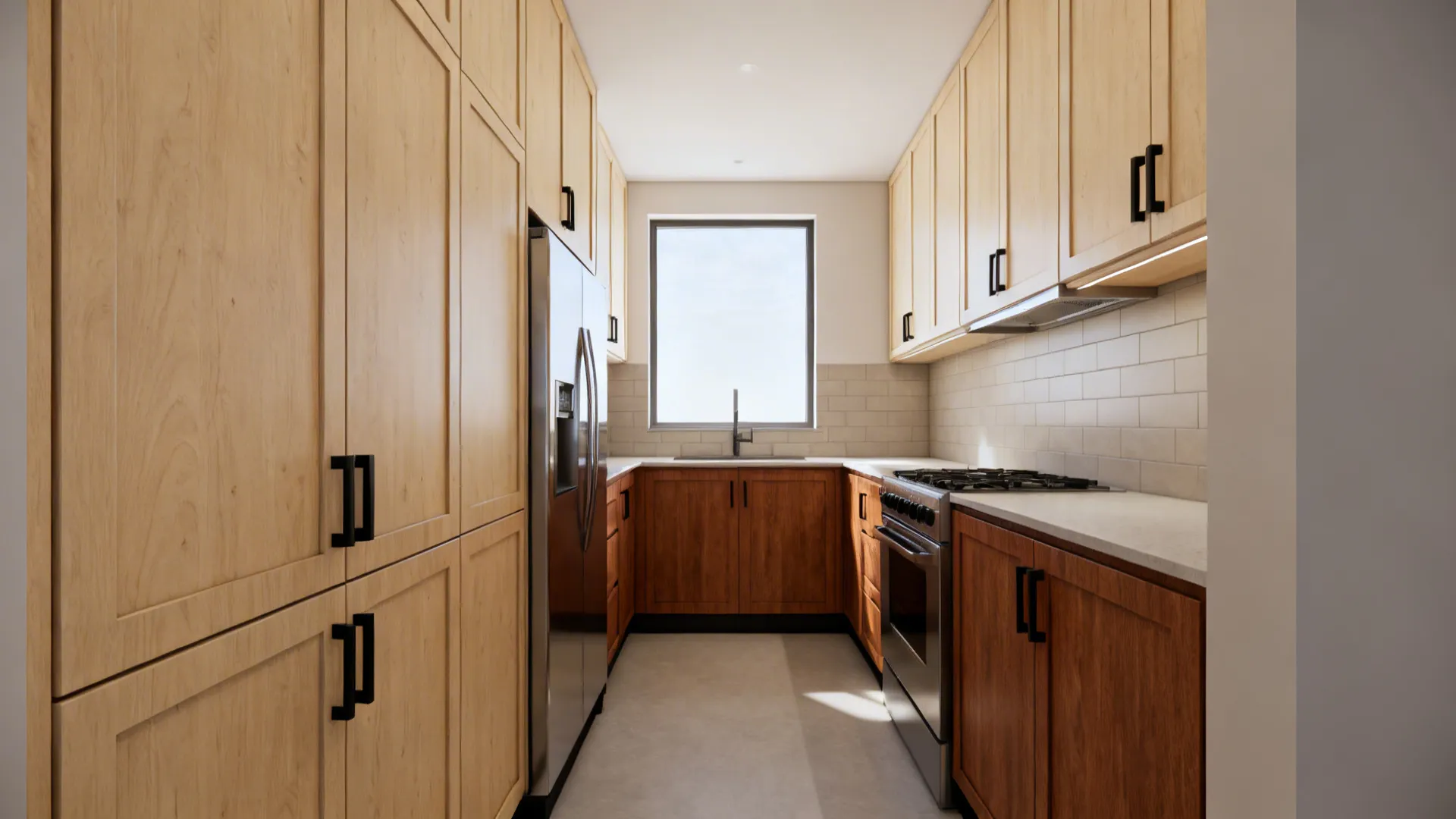 Small kitchen with light birch upper cabinets and walnut-tone lower plywood cabinets in soft daylight.