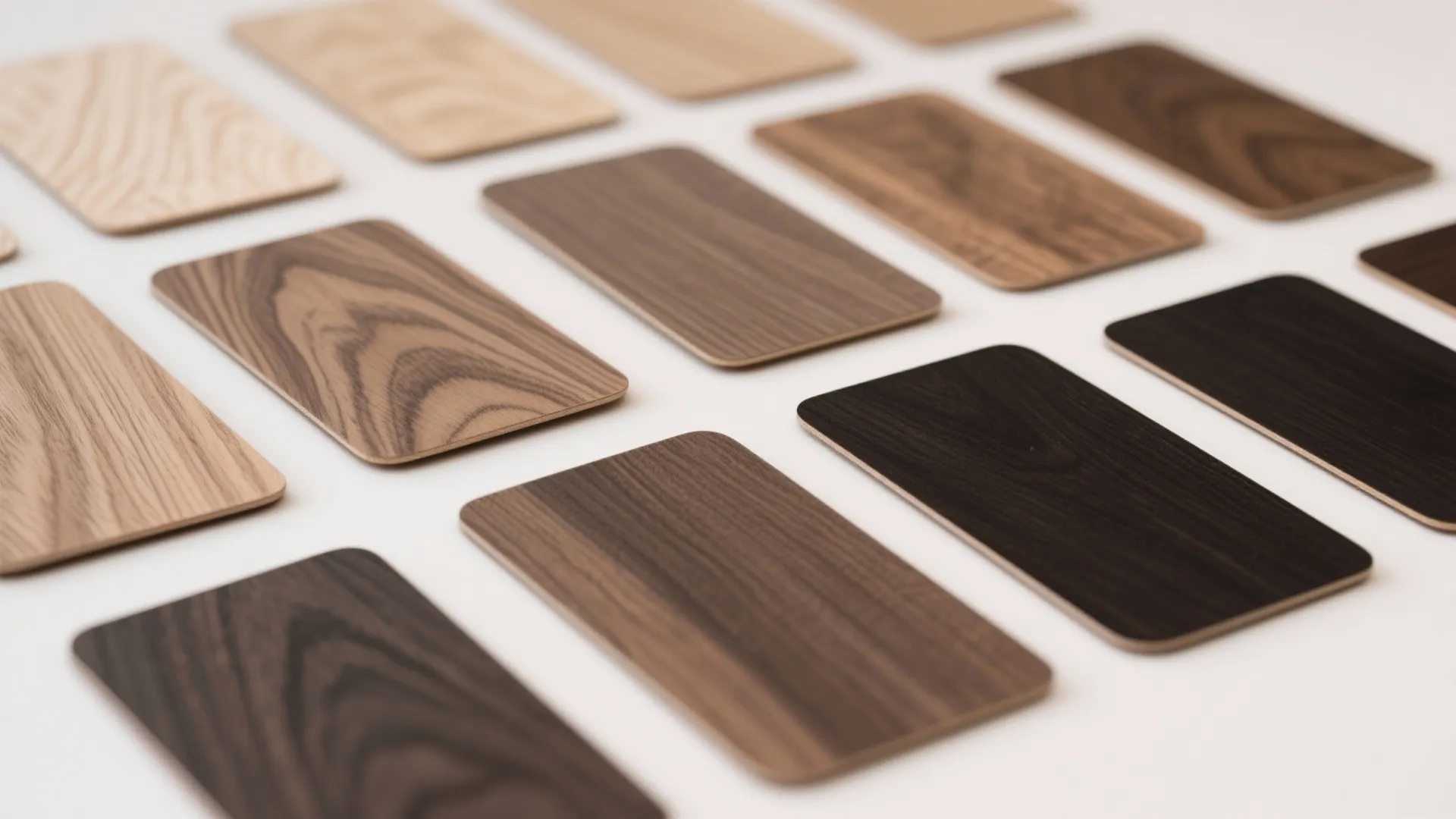 Various rectangular wood material samples with different colors and grain patterns arranged on white surface