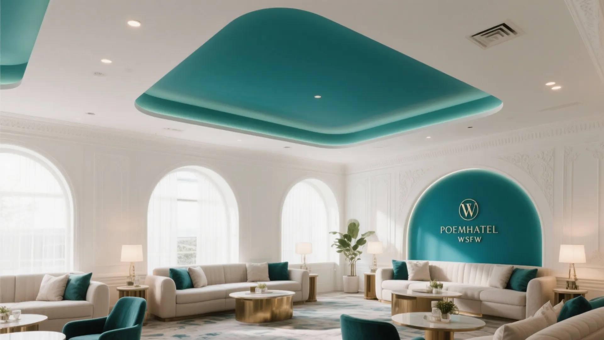 Luxury hotel lobby with large teal ceiling panel white sofas round gold tables and windows