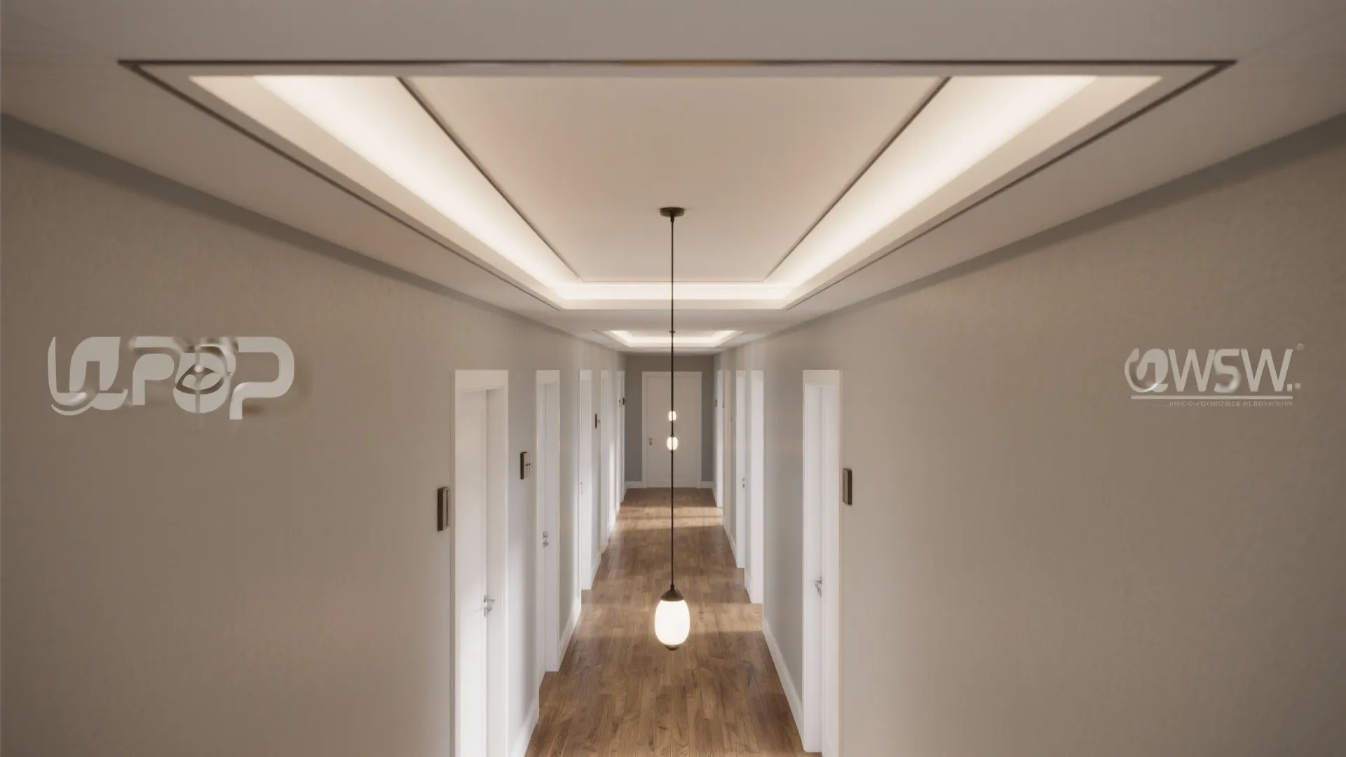 Long hallway with wood flooring white doors simple ceiling light fixtures and warm glowing ceiling borders