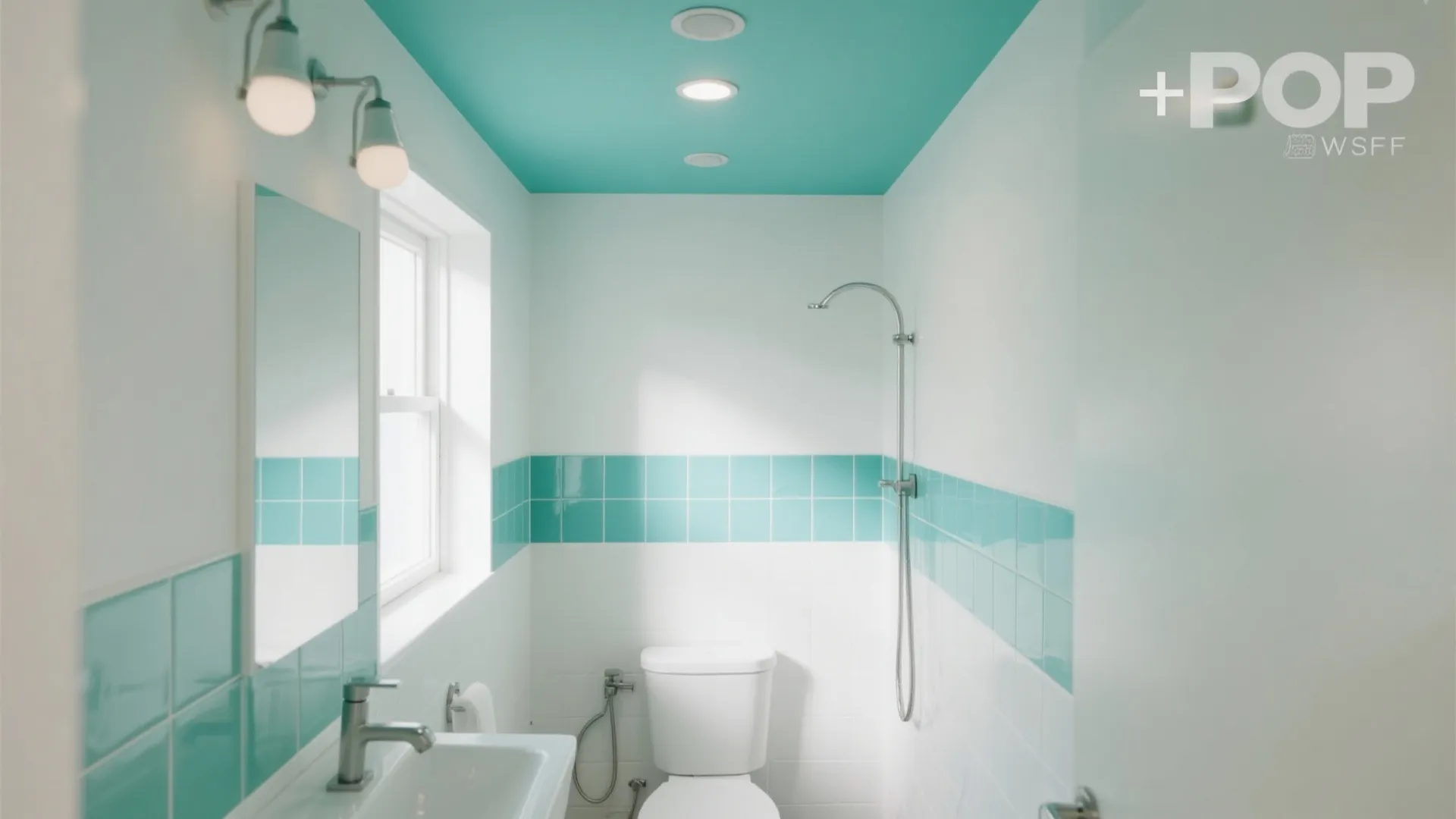 Small white bathroom with bright teal ceiling and matching wall tiles including shower and sink