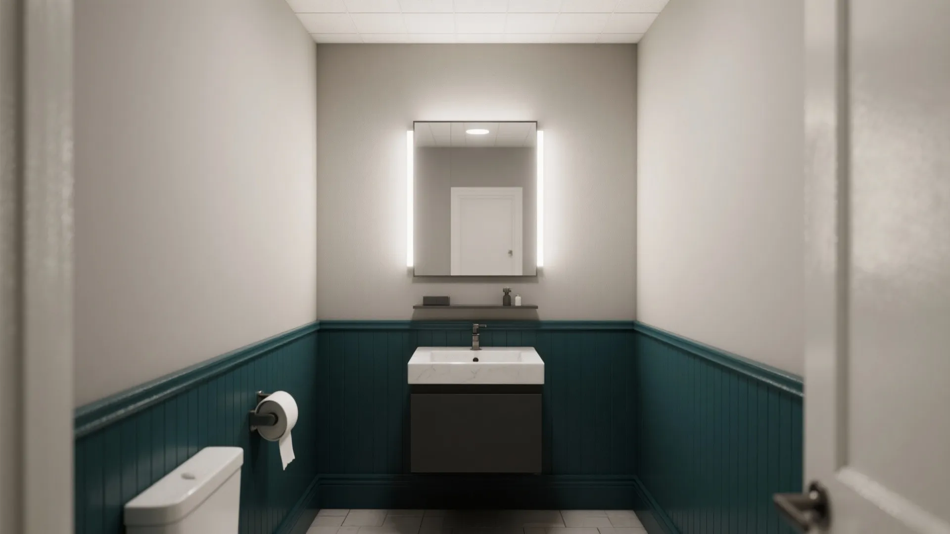 Small modern bathroom featuring teal wall panel, white sink, grey cabinet, and square mirror light