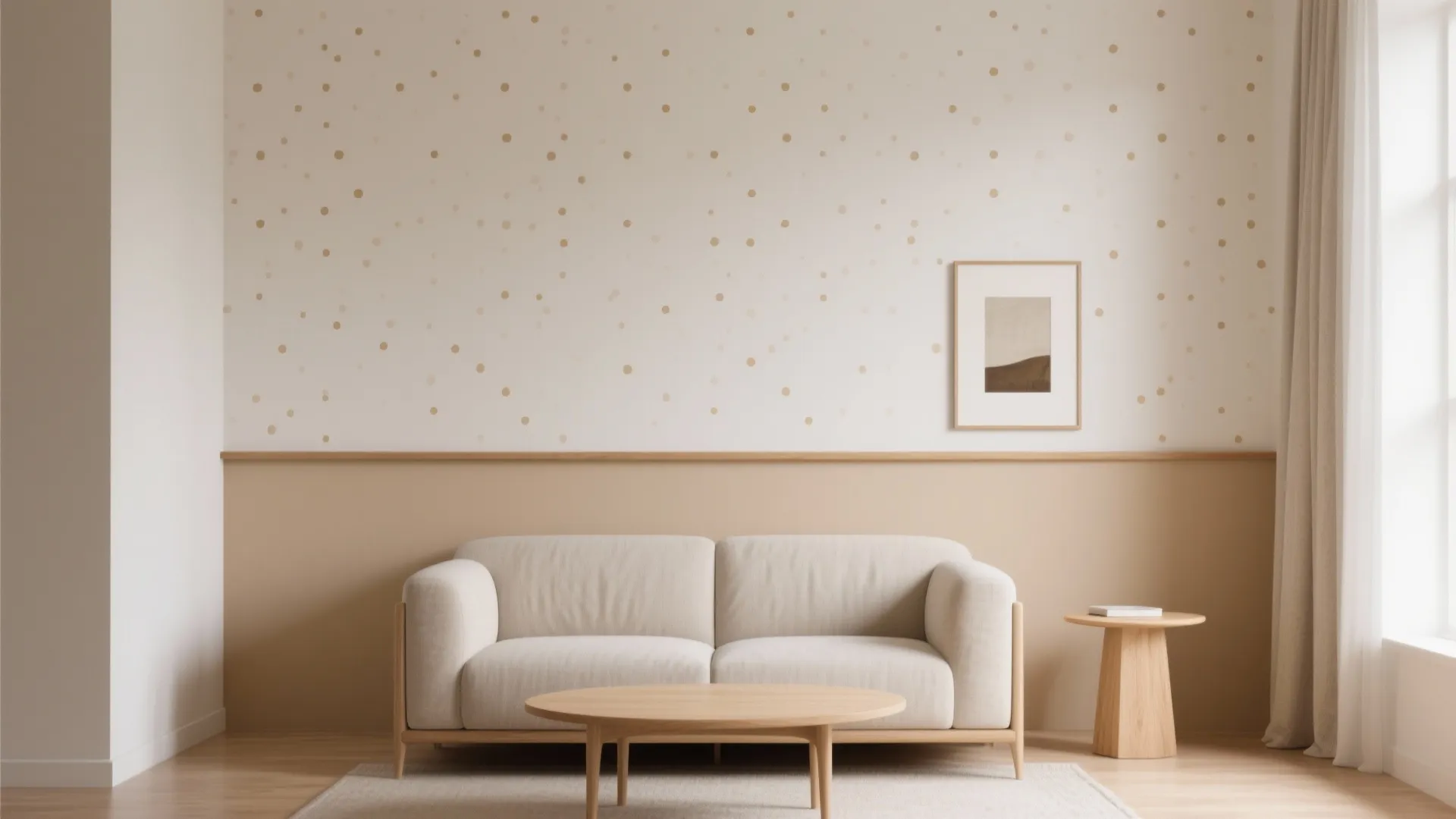 Modern living room featuring beige sofa wood coffee table and wall with small gold dots