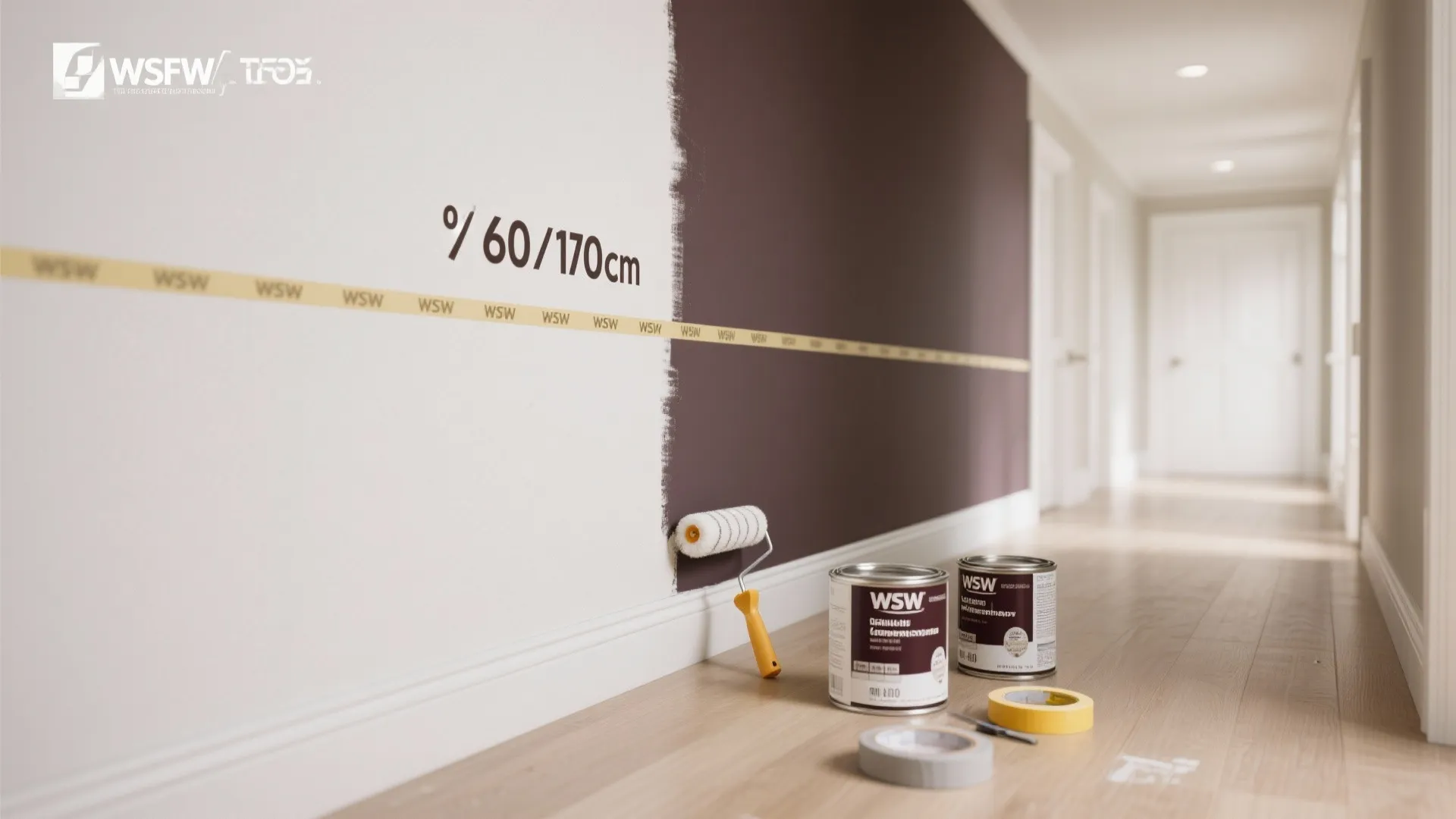 Painting a white wall with dark purple paint using a roller and yellow masking tape
