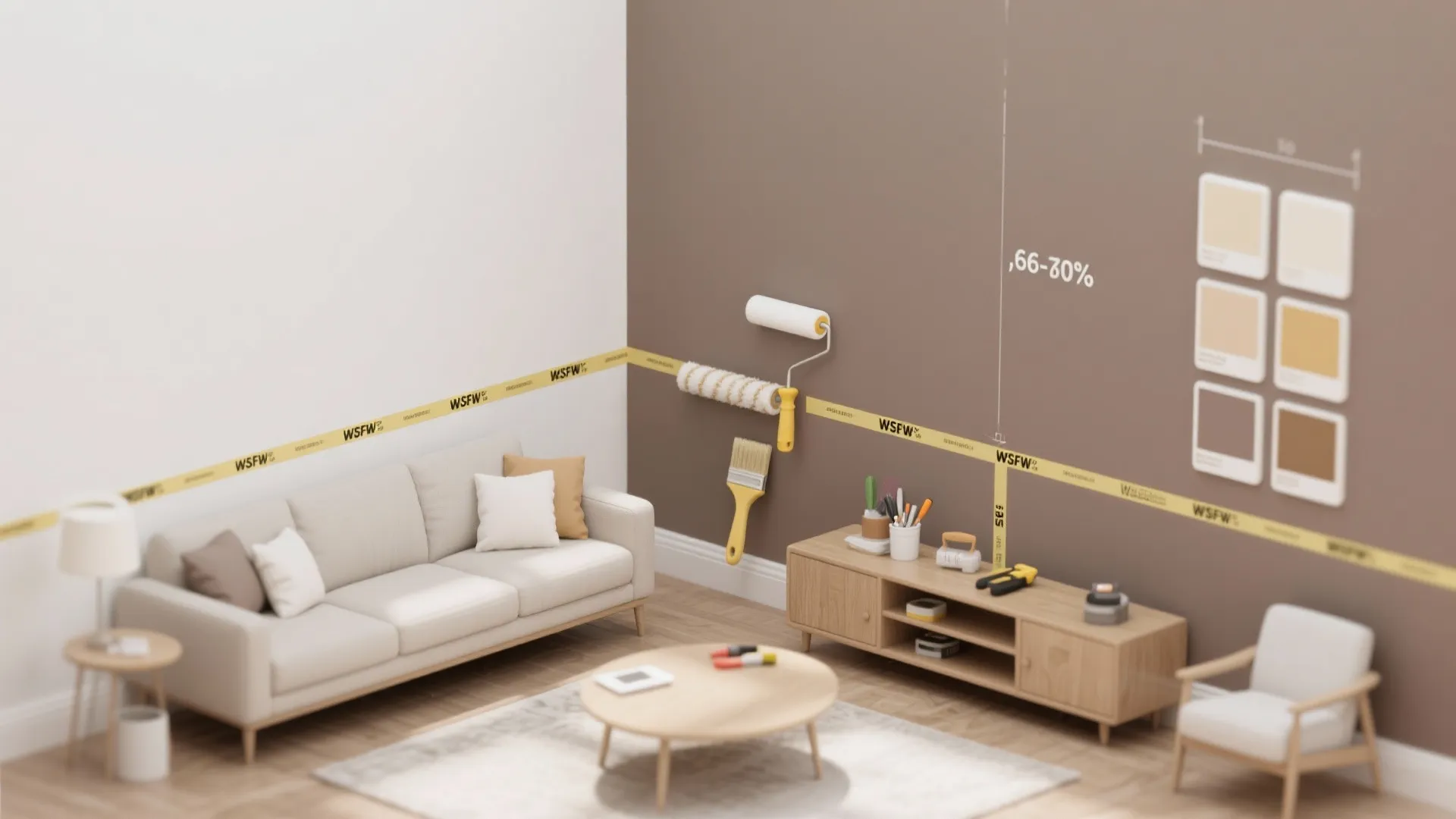 Interior design drawing showing wall painting tools and color palette for two tone wall decoration