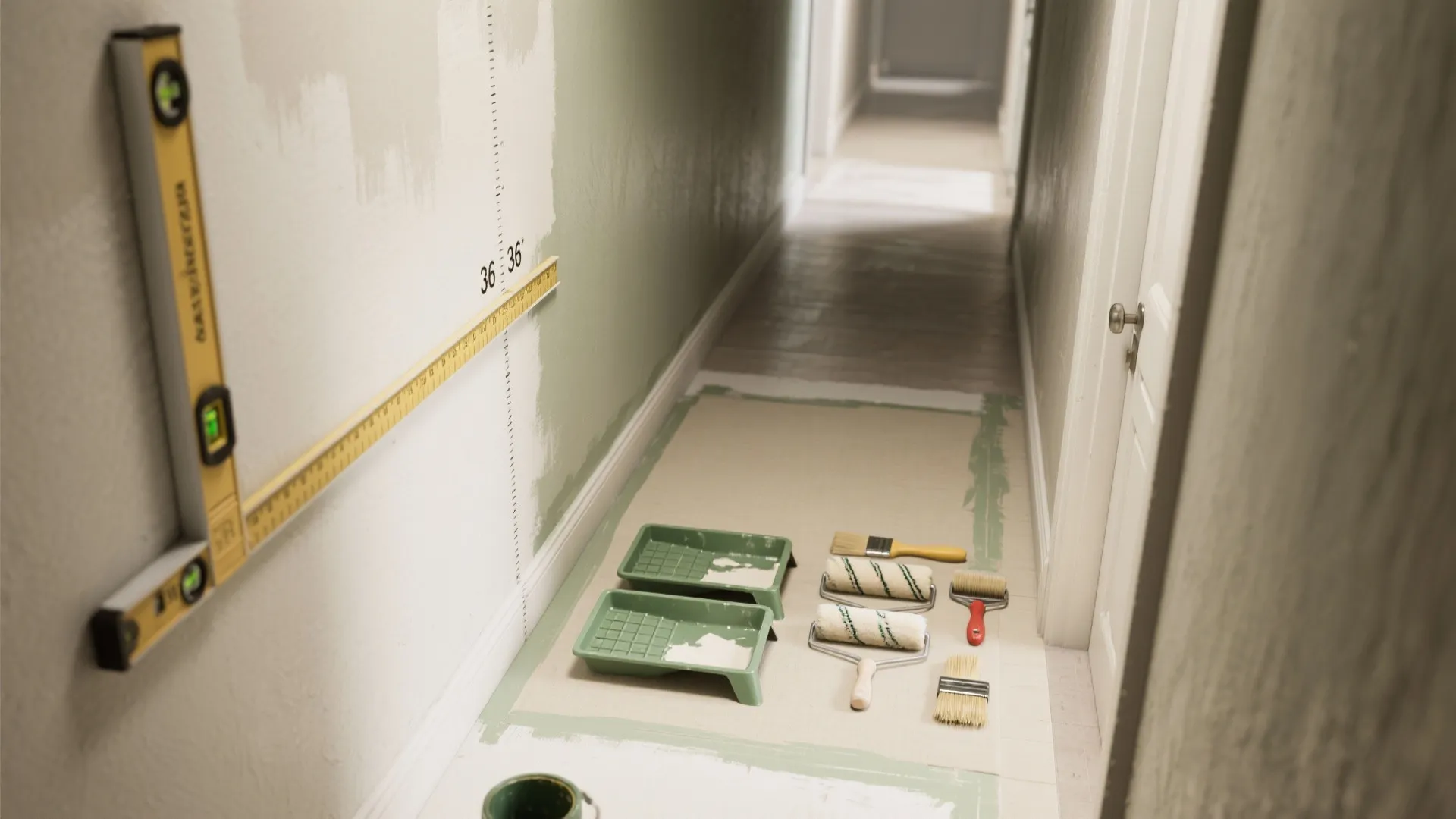 Top-down layout of tools and paint showing the 36-inch break line for a two-tone hallway.
