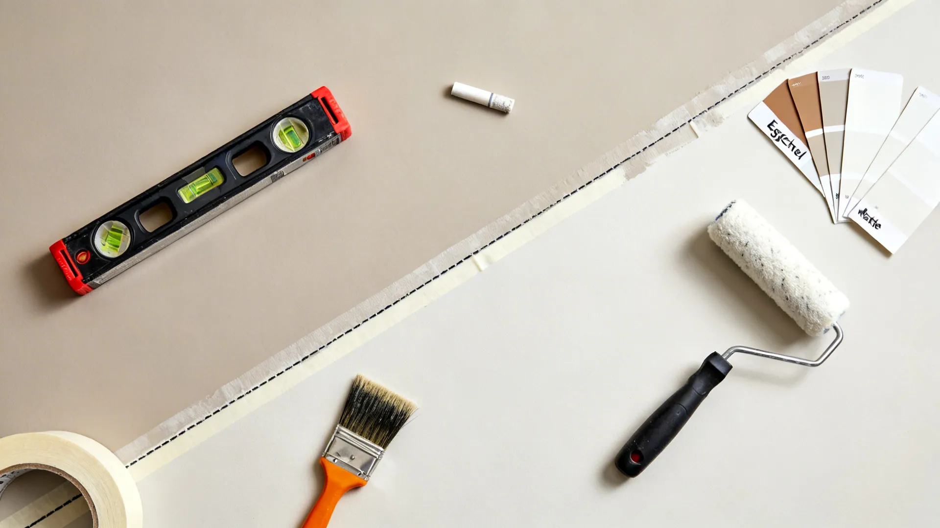 Top-down flat lay of tools and swatches for taping a crisp two-tone wall line.