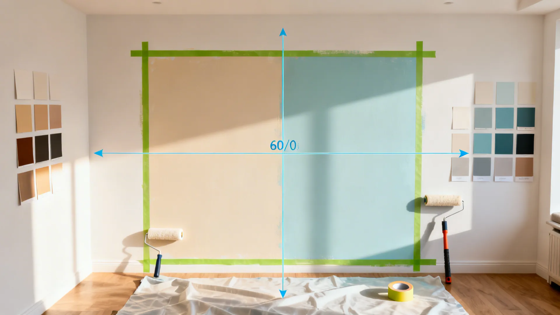 Top-down view of precise tape lines and tools for two-tone wall color blocking.