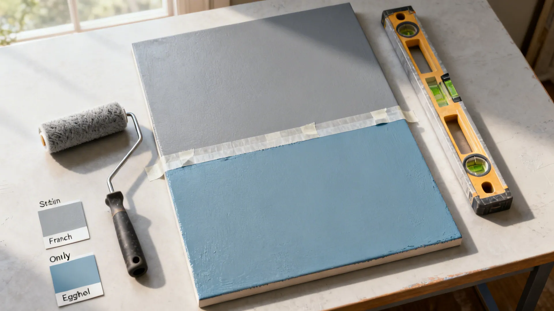 Top-down view of painter’s tape and tools creating a French gray and dusty blue split.